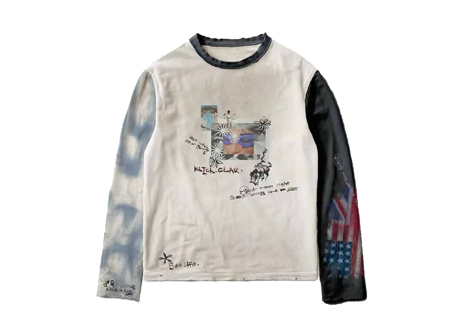 KLICK CLAK 26SS USA Flag Graffiti Patchwork Vintage Wash L/S Tee White