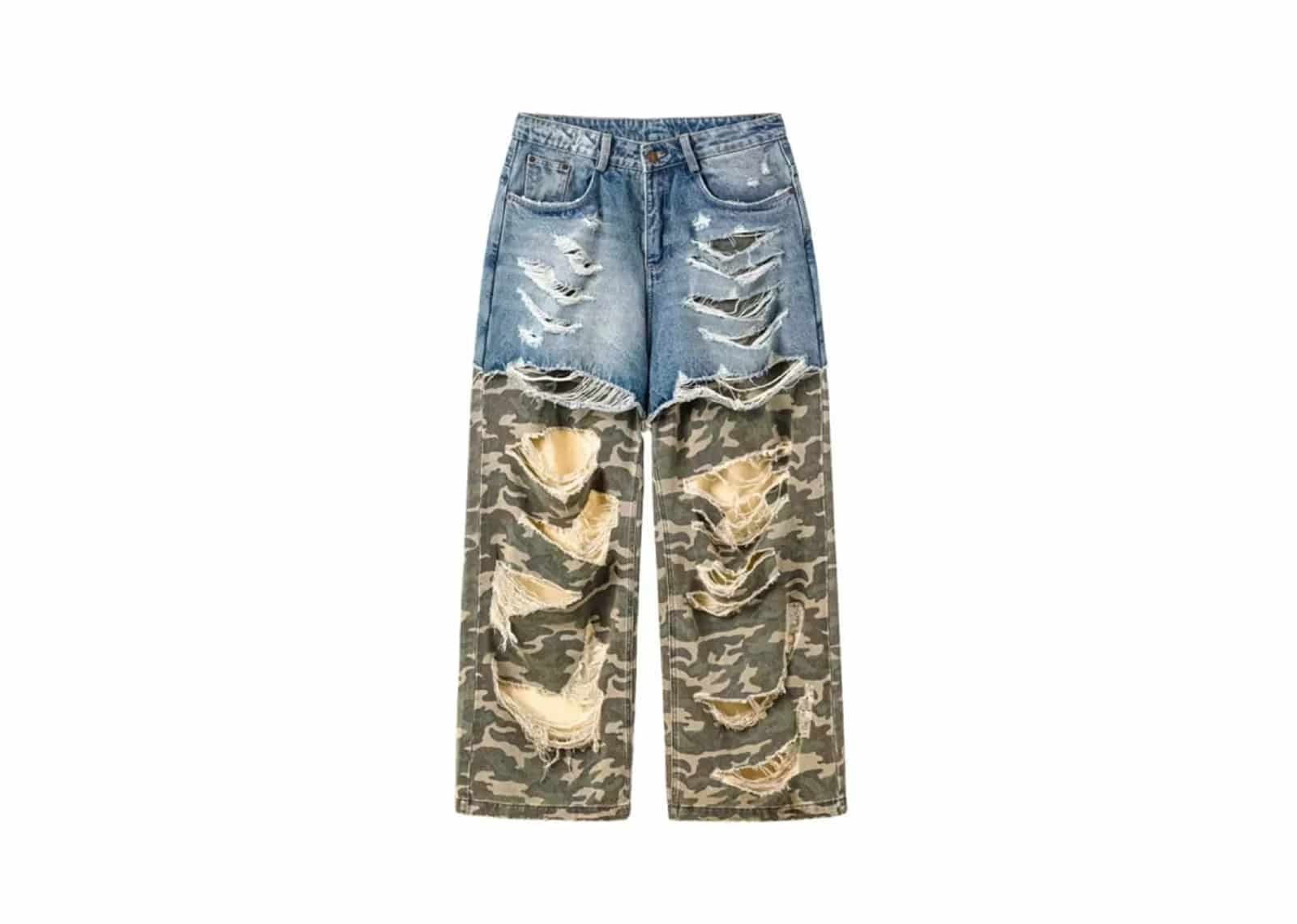 REGEN ZONE Washed Patchwork Camouflage Denim Pants Blue/Camo