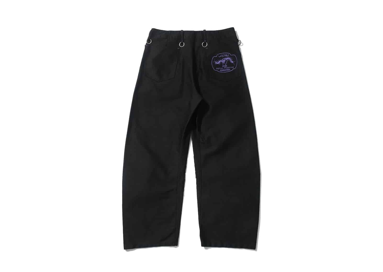 SONGAADON Embroidered Iron ring Moleskin Curved Knife Pants Black