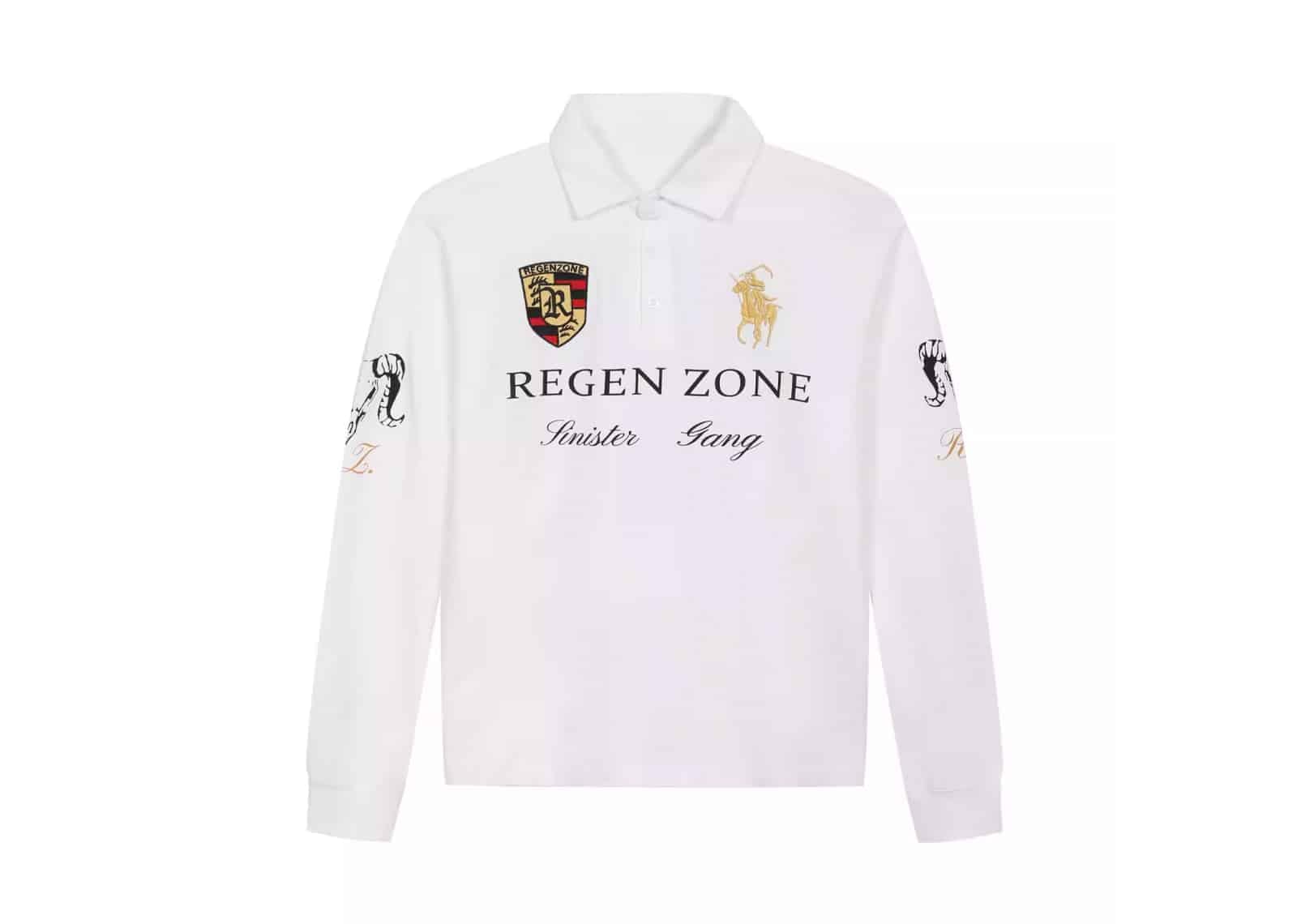 REGEN ZONE SPUR Vintage Racing Gold Foil Polo Long Sleeve Tee White