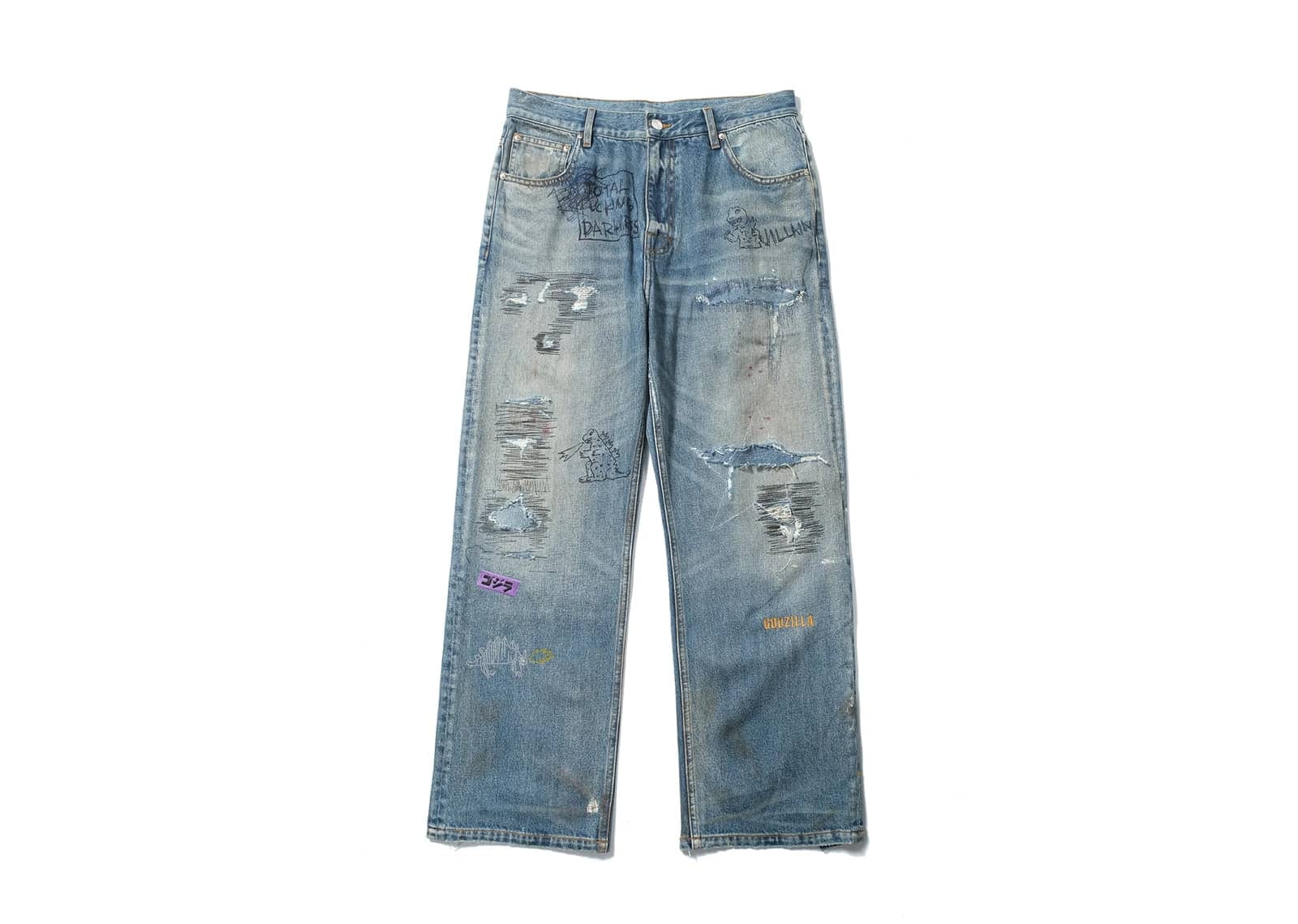 SONGAADON Random Stitch Applique Embroidery Rhinestone Jeans Blue