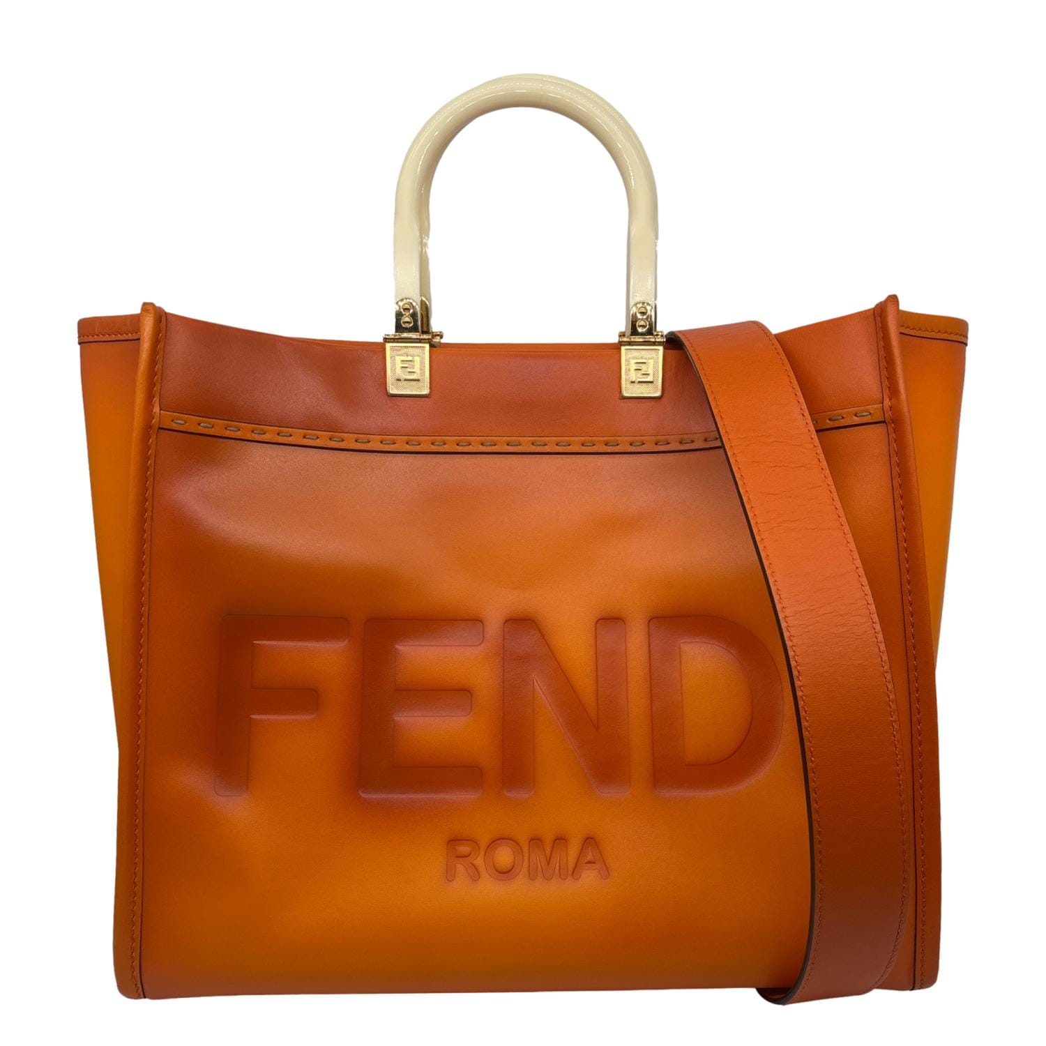FENDI Sunshine Medium Leather Shopper Tote Bag Orange