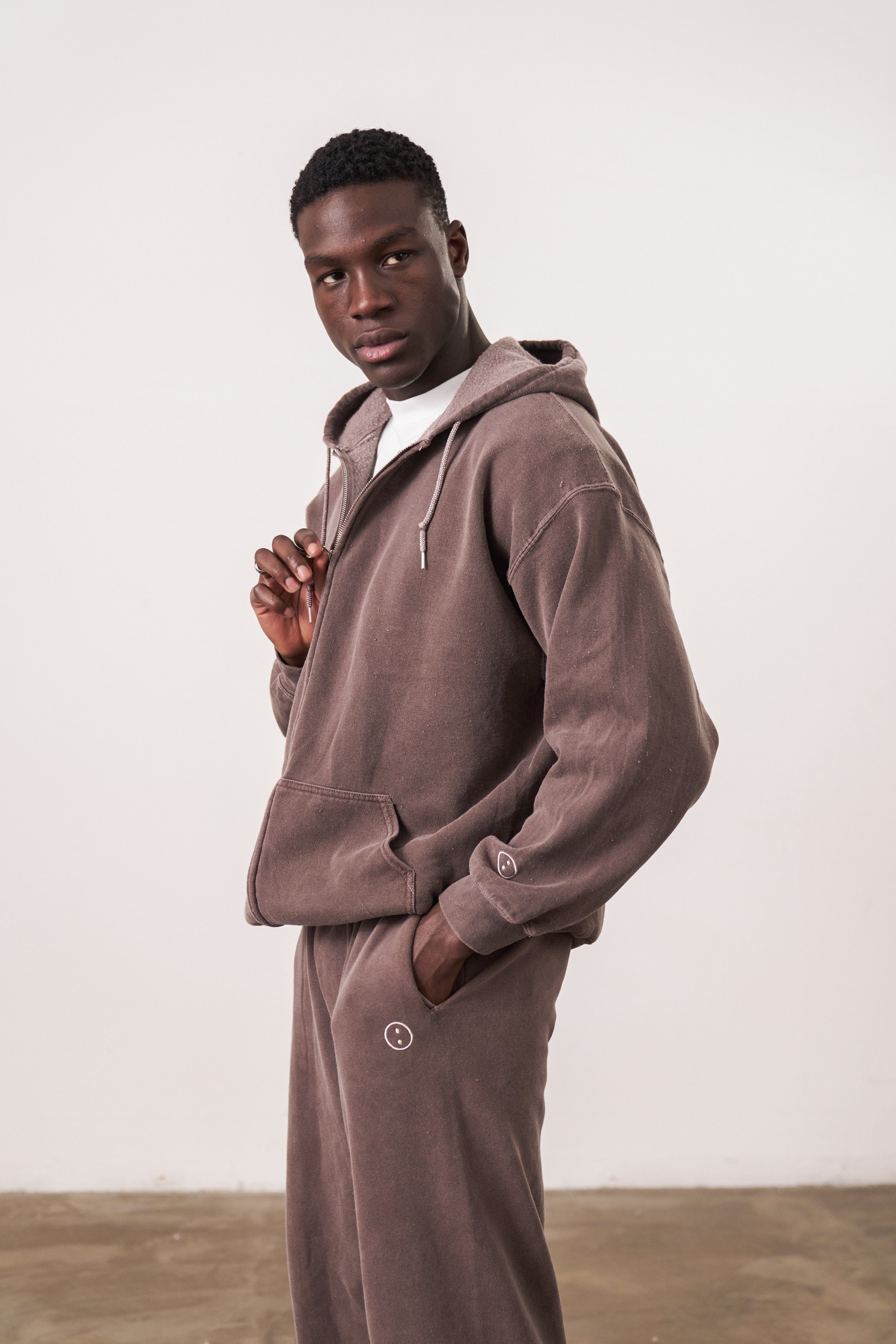 UN:IK Essentials Essentials Vintage Washed Zip-Up Hoodie & Jogger Set - Cocoa