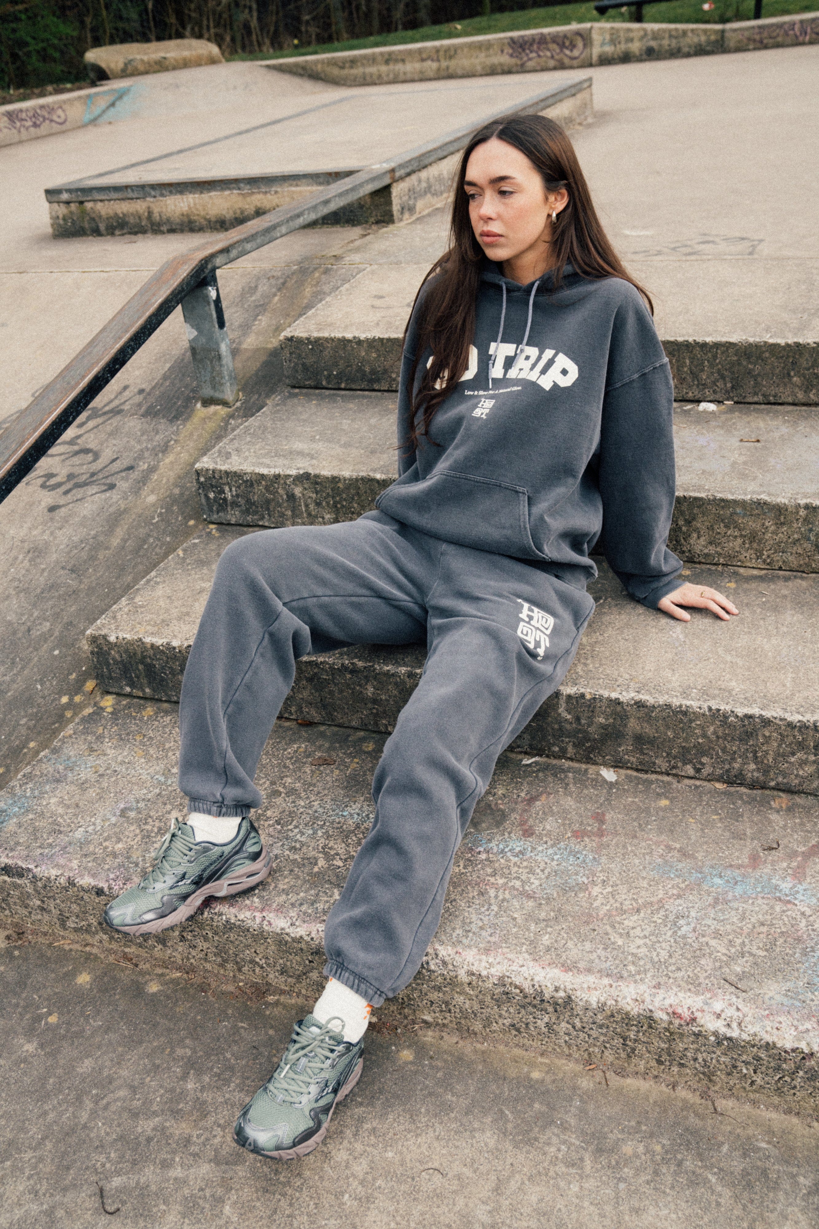 HAVE A GD TRIP 'Varsity' Vintage Washed Hoodie & Jogger Set - Charcoal
