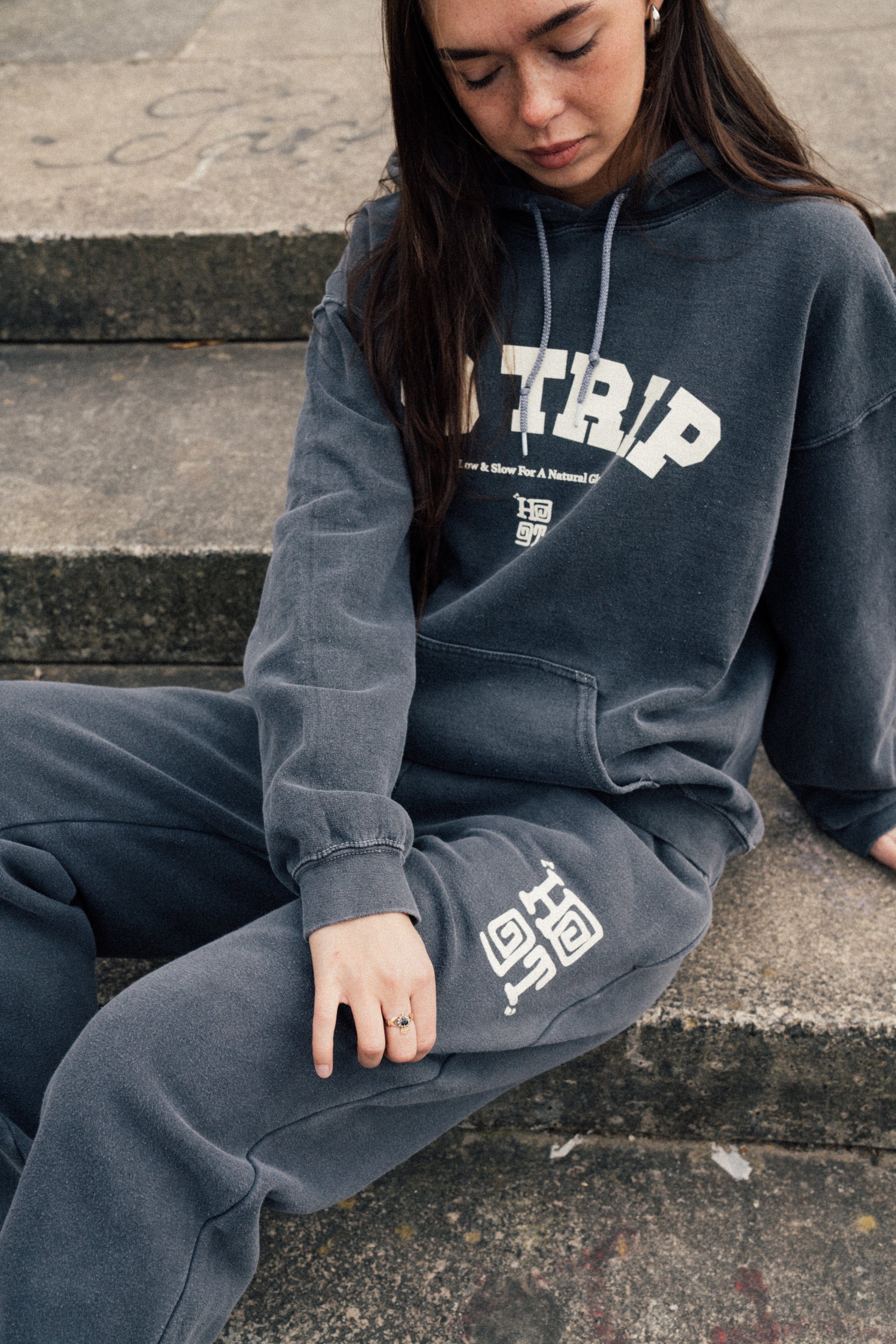 HAVE A GD TRIP 'Varsity' Vintage Washed Hoodie & Jogger Set - Charcoal