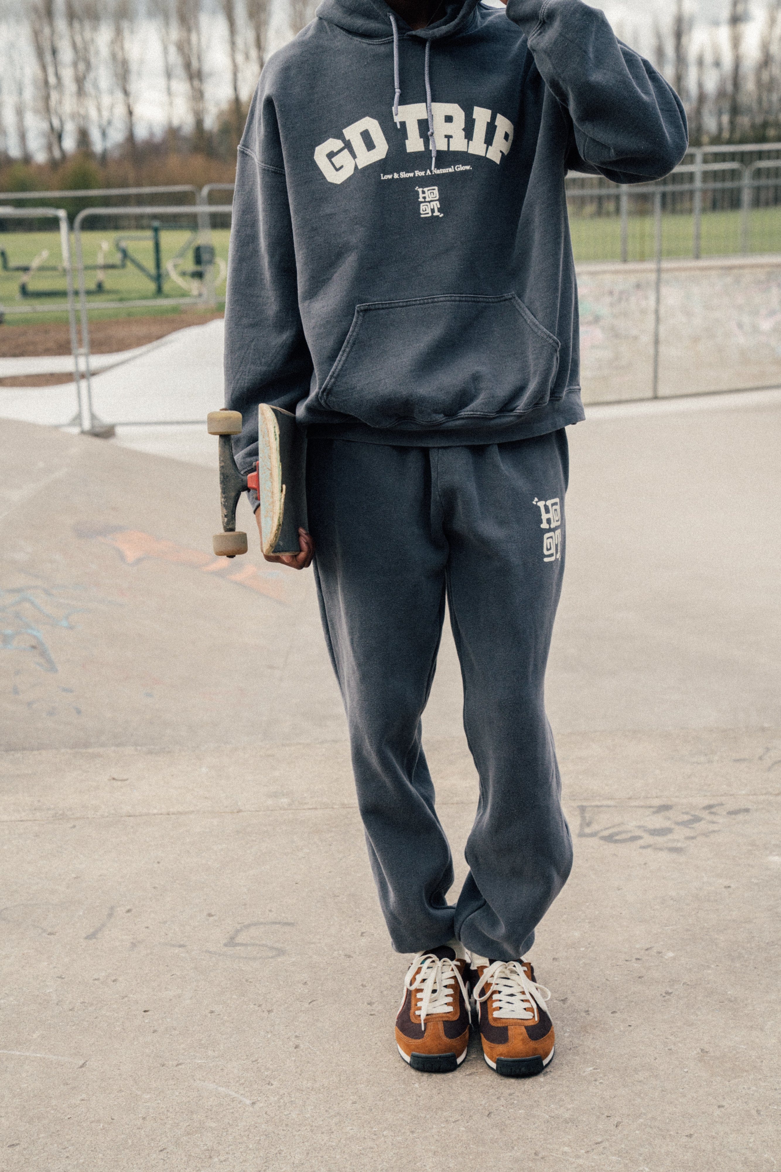 HAVE A GD TRIP 'Varsity' Vintage Washed Hoodie & Jogger Set - Charcoal