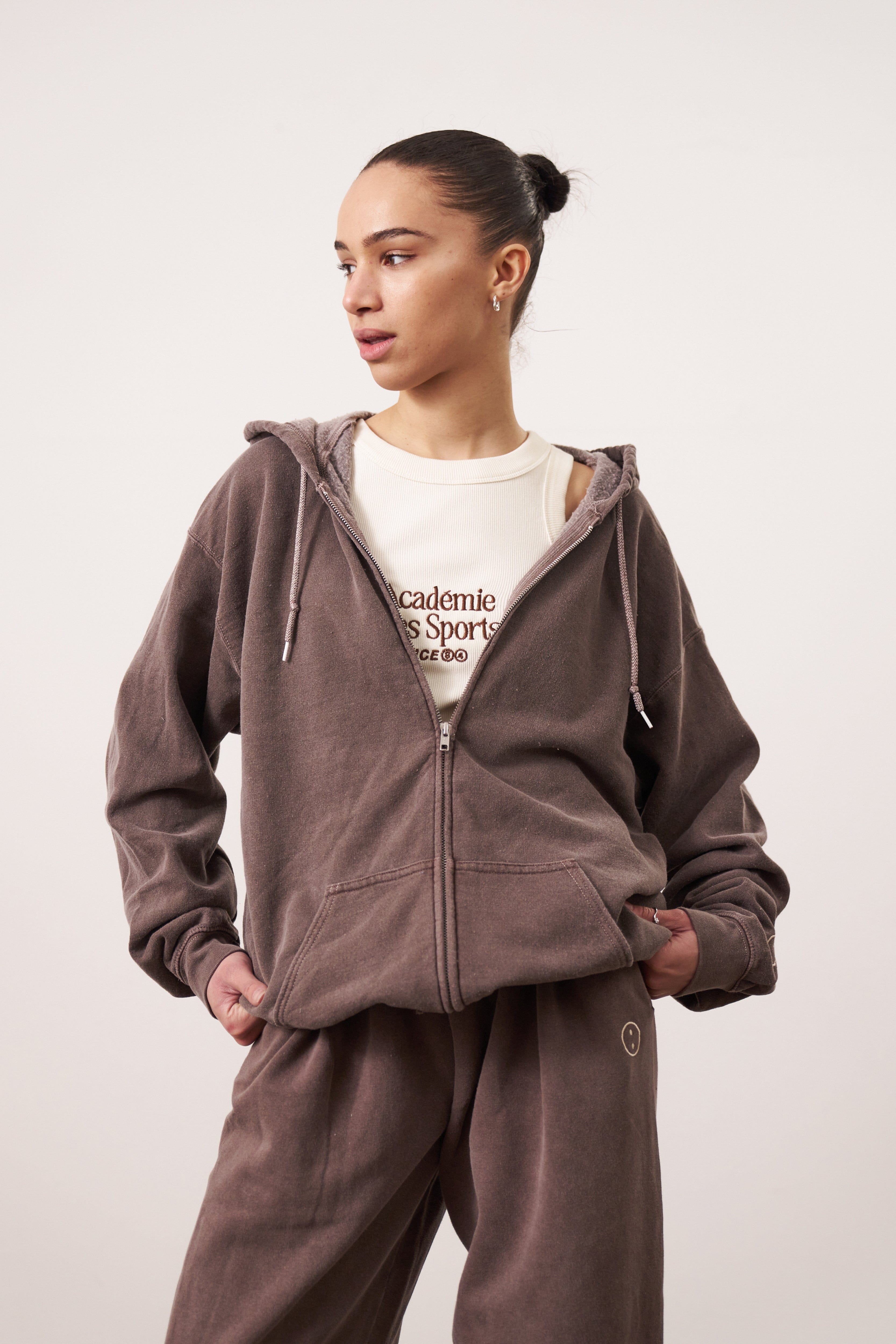 UN:IK Essentials Essentials Vintage Washed Zip Up Hoodie - Cocoa
