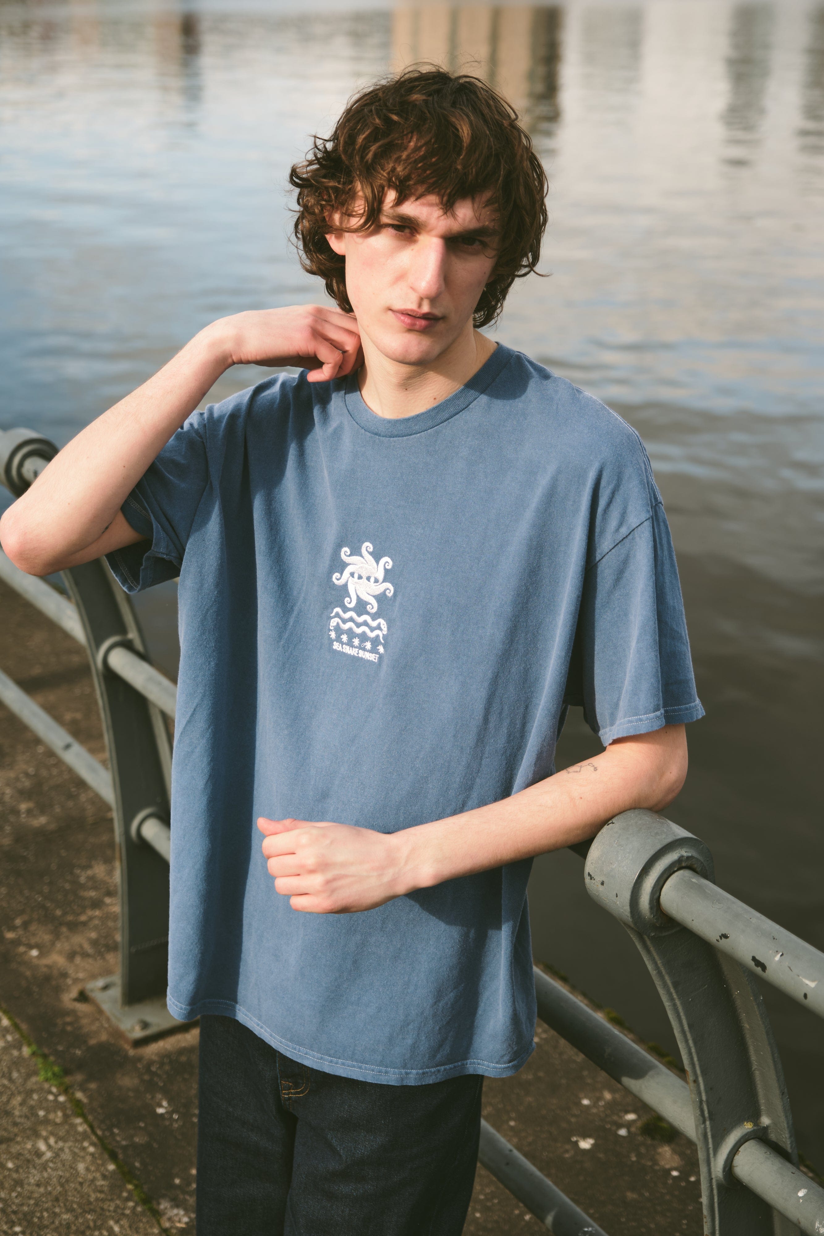 KBar Design KBAR X UN:IK 'Sea Snake' Vintage Washed Embroidered Tee - Blue