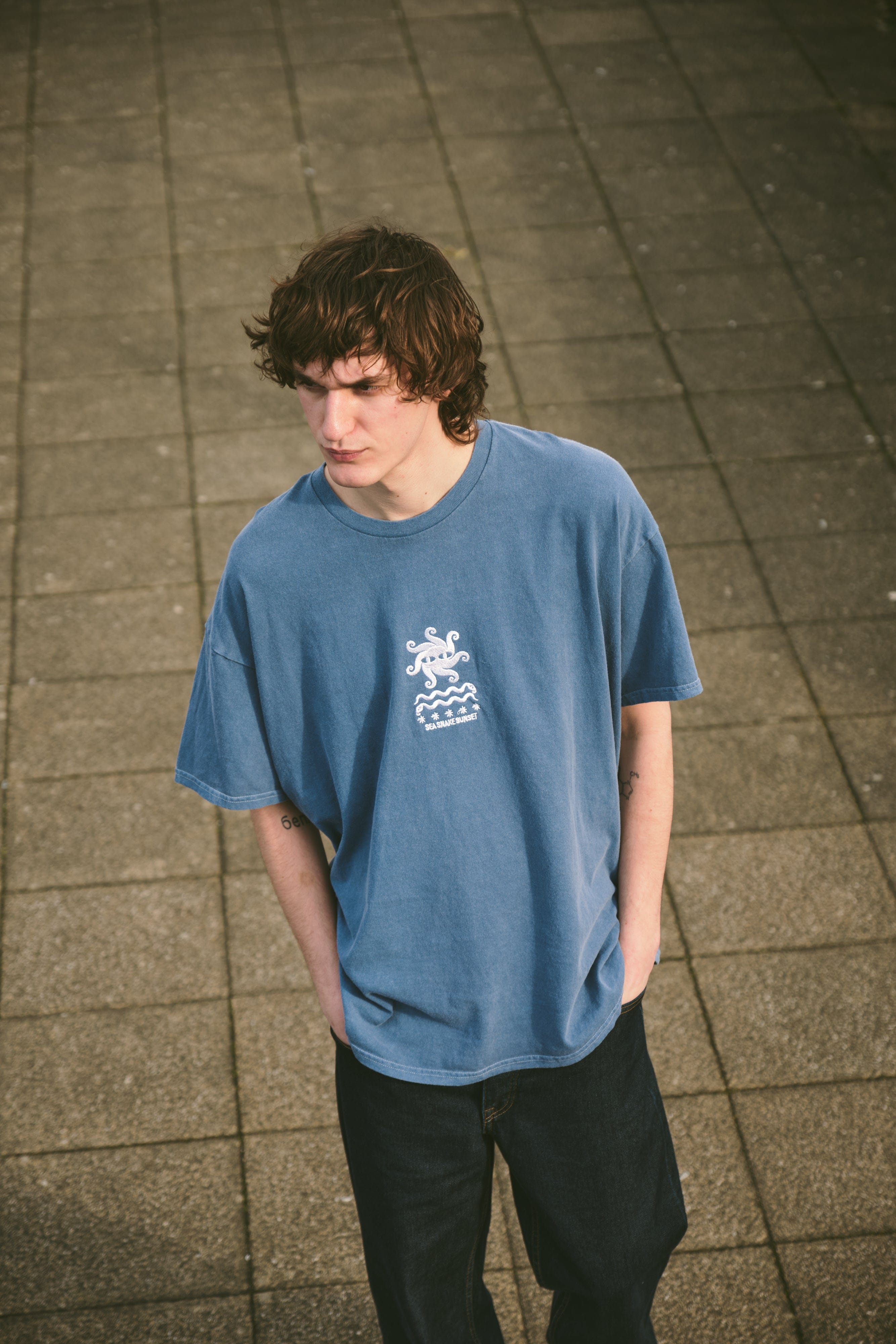 KBar Design KBAR X UN:IK 'Sea Snake' Vintage Washed Embroidered Tee - Blue