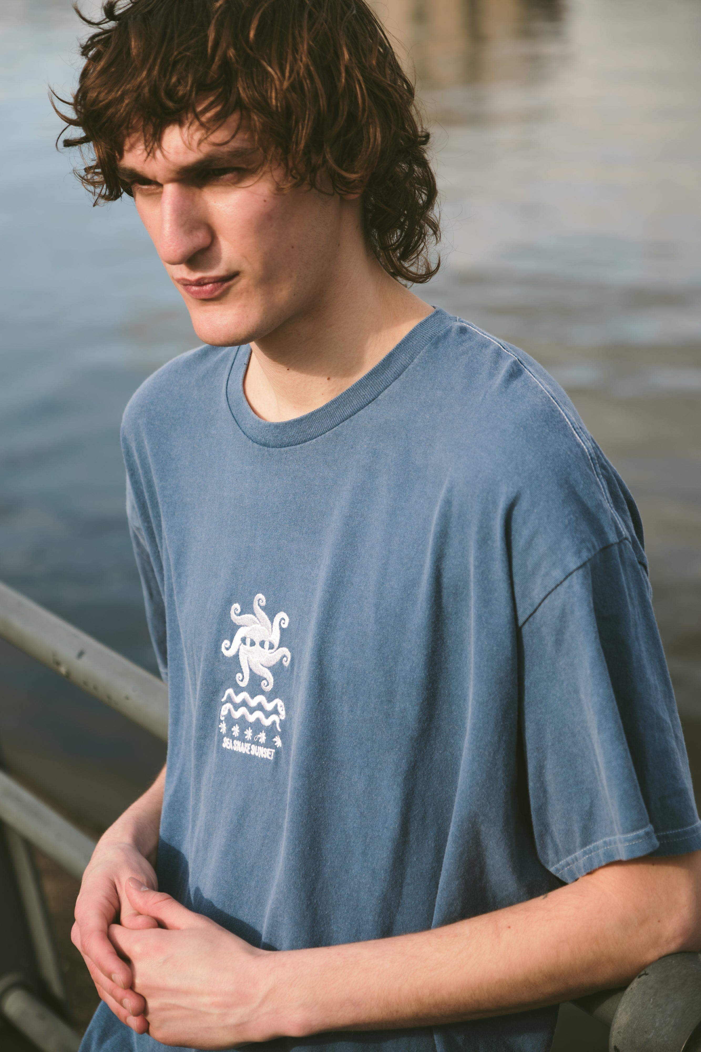 KBar Design KBAR X UN:IK 'Sea Snake' Vintage Washed Embroidered Tee - Blue
