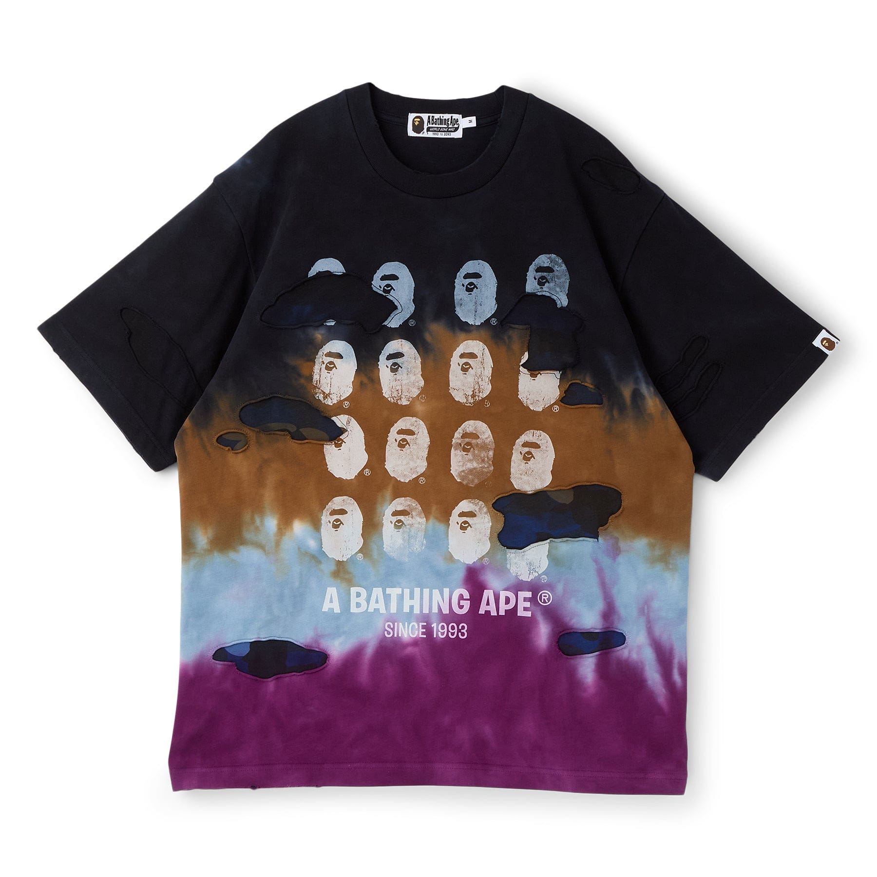 BAPE A Bathing Ape Color Camo Tie Dye Destroyed Multi Logo Relaxed Fit Tee M (Black)