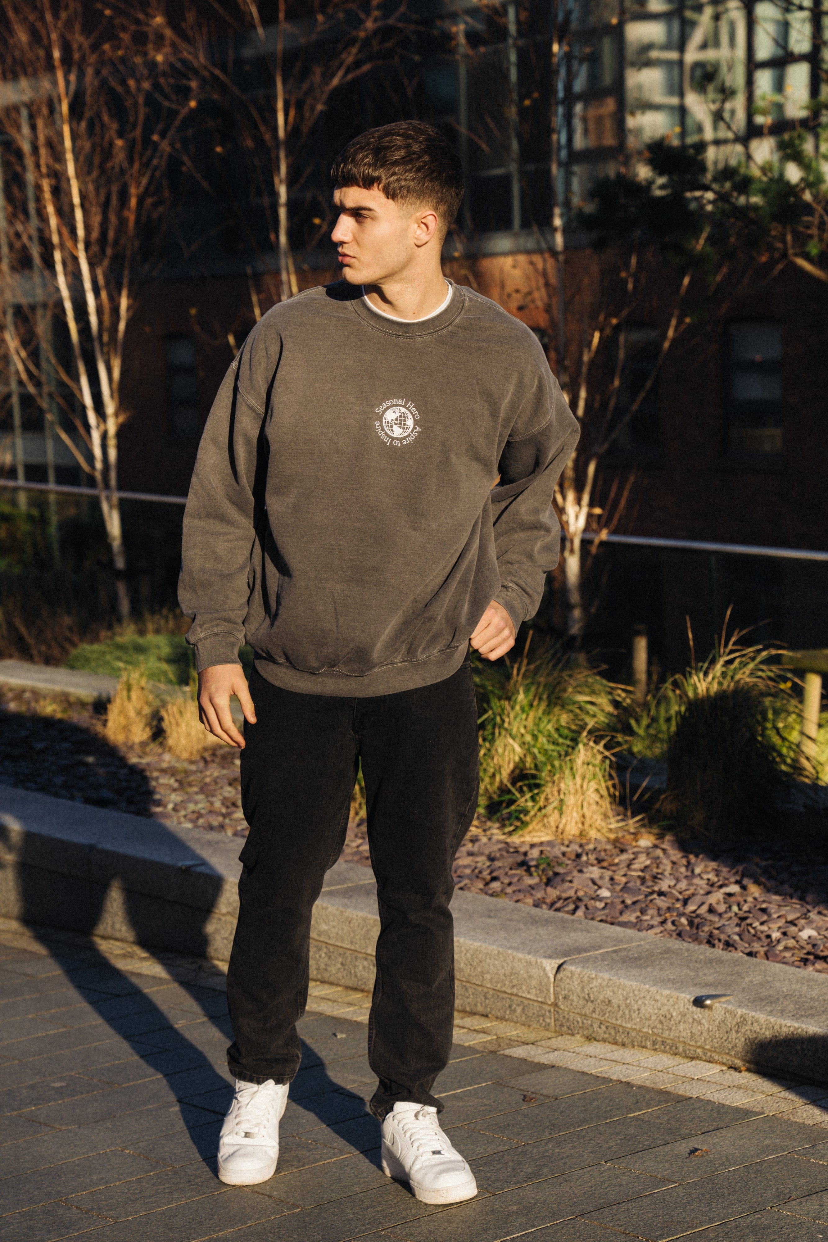 Seasonal Hero 'Aspire' Embroidered Vintage Washed Sweater - Charcoal