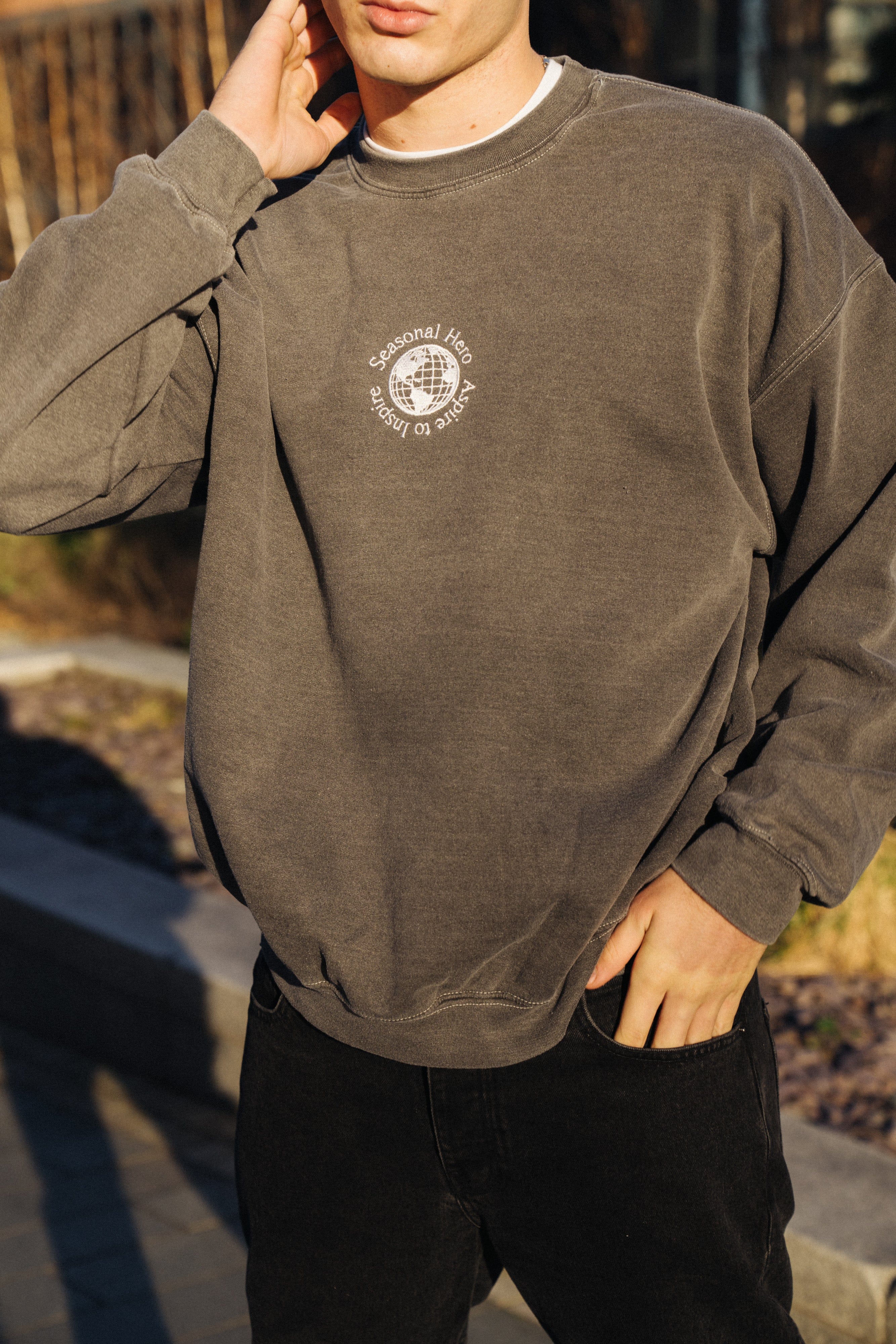 Seasonal Hero 'Aspire' Embroidered Vintage Washed Sweater - Charcoal