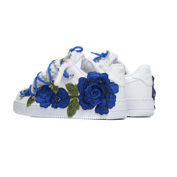 Nike Air Force 1 White Rope Laces Custom White Blue Roses Rose Blu