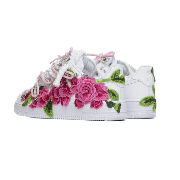 Nike Air Force 1 White Rope Laces Custom White Pink Roses Rose Rosa