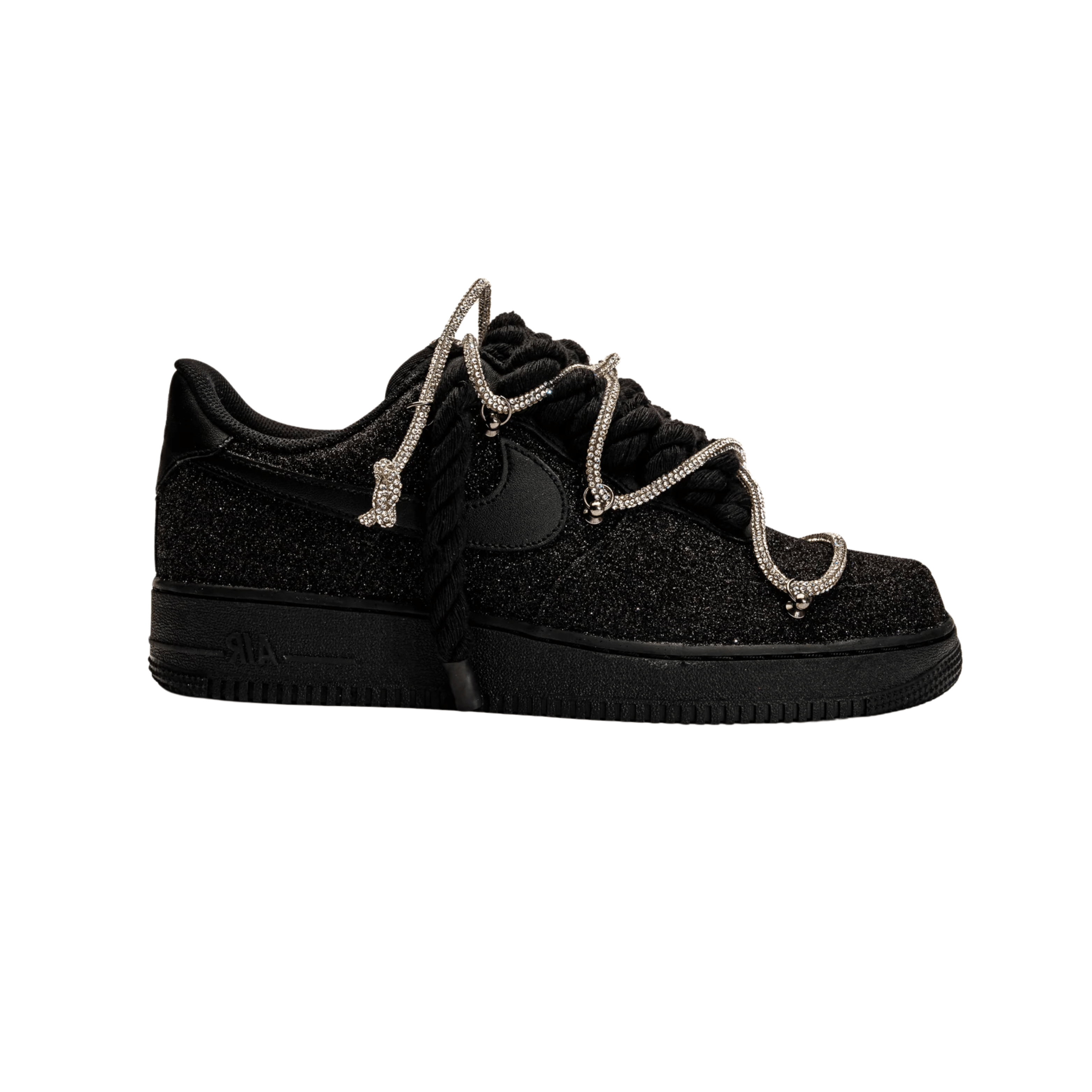 Nike Air Force 1 Custom Black “Glitter” Rope Laces Off Swarovski Glitter Strass Argento Silver