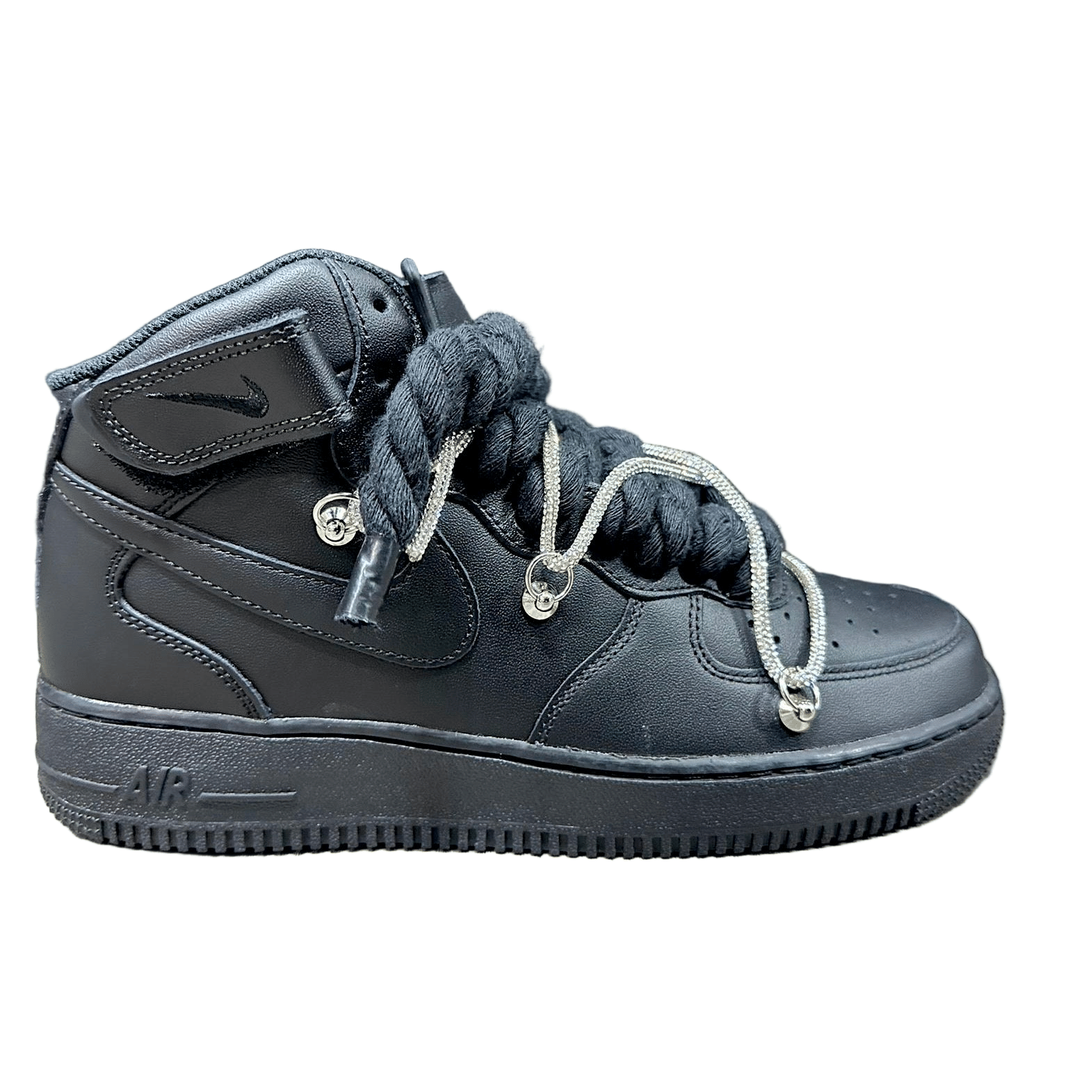 Nike Air Force 1 Mid Custom Black Rope Laces Off Glitter Swarovski Strass Argento Silver