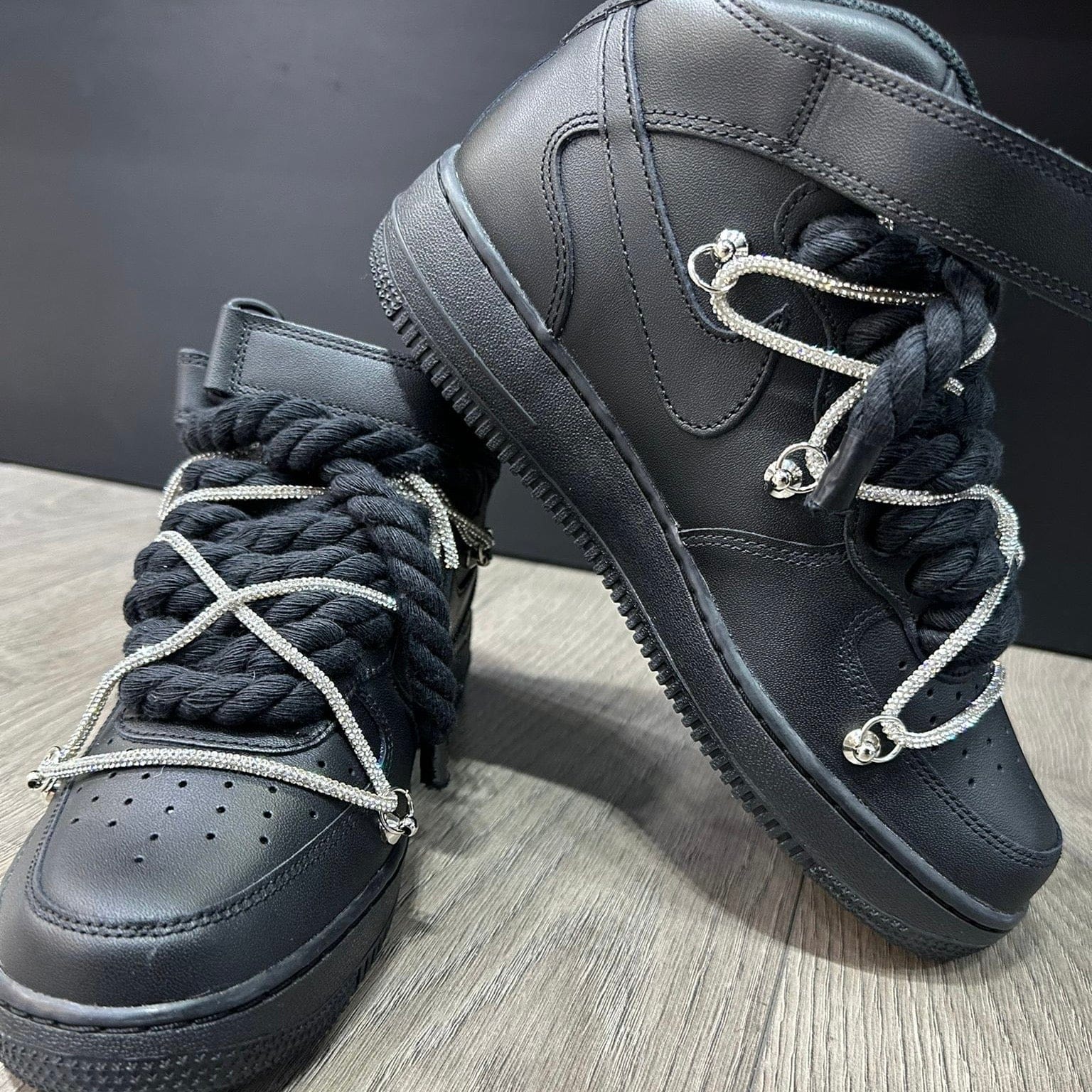 Nike Air Force 1 Mid Custom Black Rope Laces Off Glitter Swarovski Strass Argento Silver