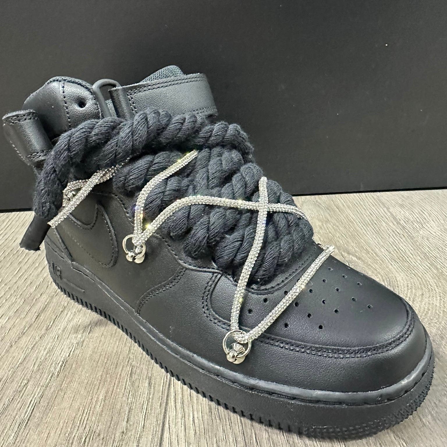 Nike Air Force 1 Mid Custom Black Rope Laces Off Glitter Swarovski Strass Argento Silver