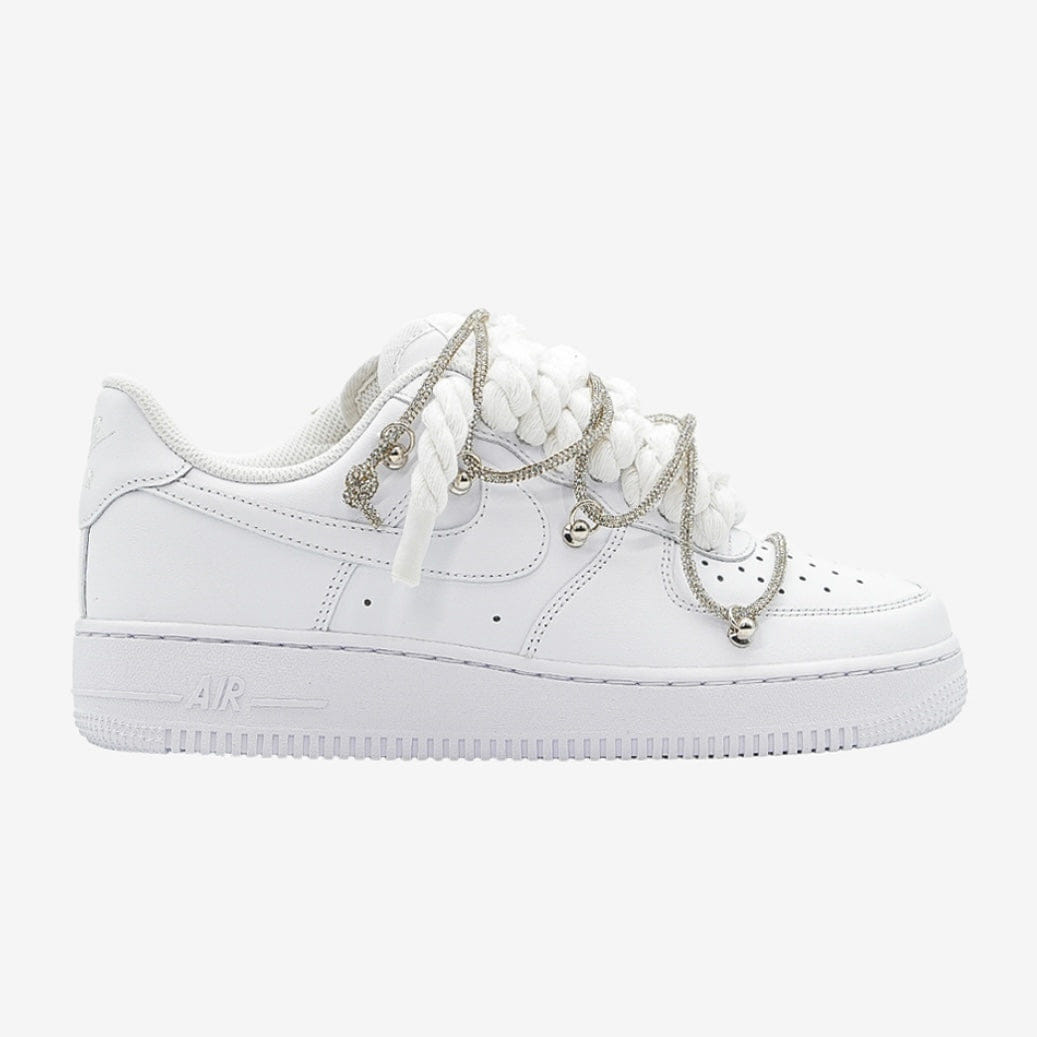 Nike Air Force 1 Custom White Rope Laces Off Swarovski Glitter Strass Argento Silver