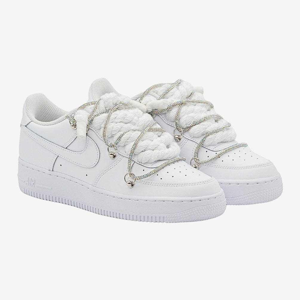 Nike Air Force 1 Custom White Rope Laces Off Swarovski Glitter Strass Argento Silver