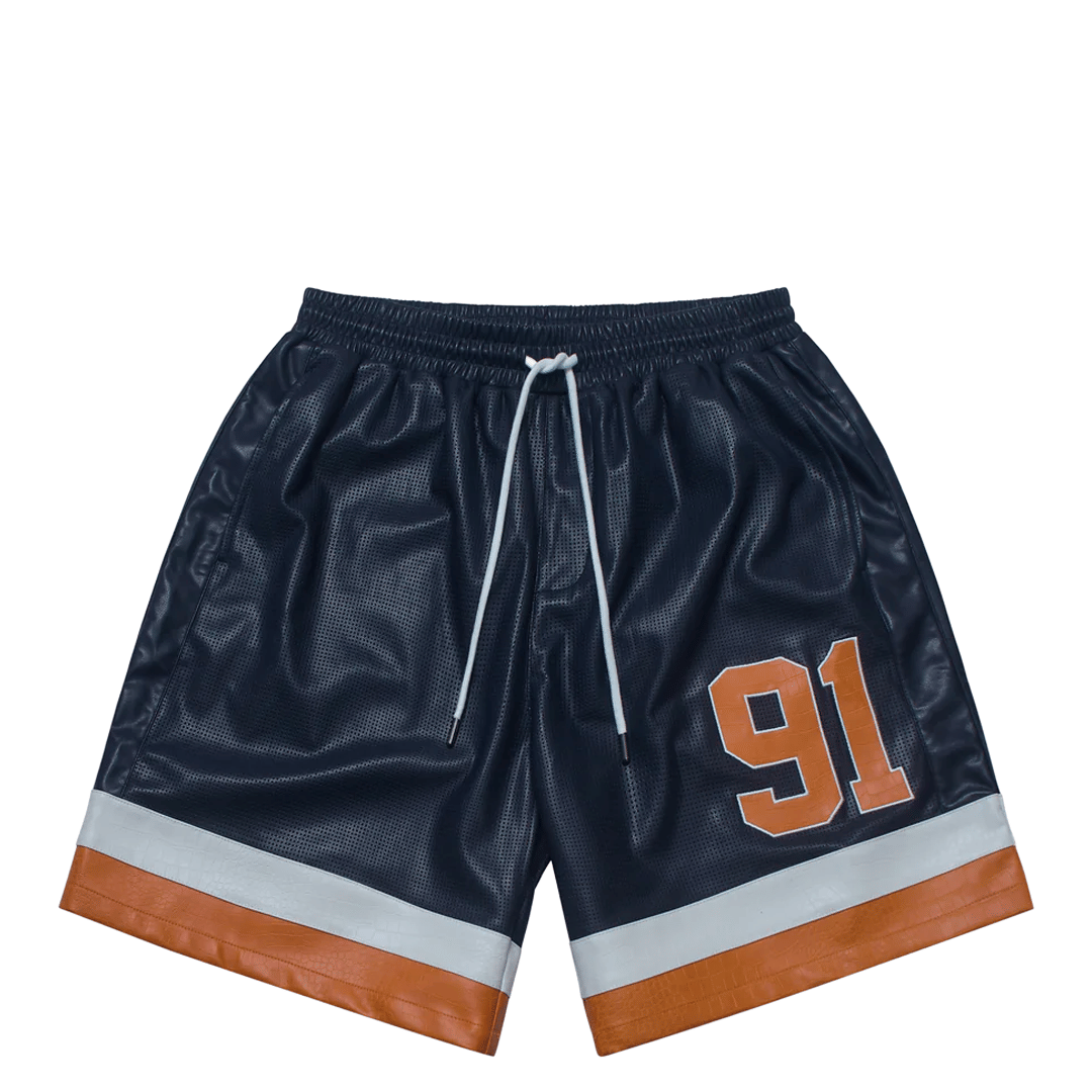 CRIMINAL DAMAGE STADIUM LEATHER SHORTS NAVY/ORANGE/ECRU