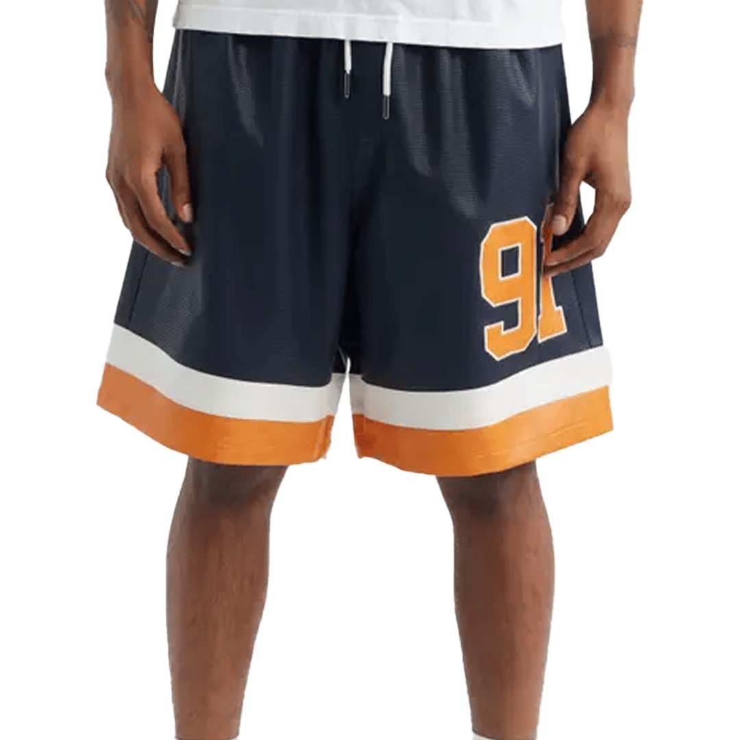 CRIMINAL DAMAGE STADIUM LEATHER SHORTS NAVY/ORANGE/ECRU
