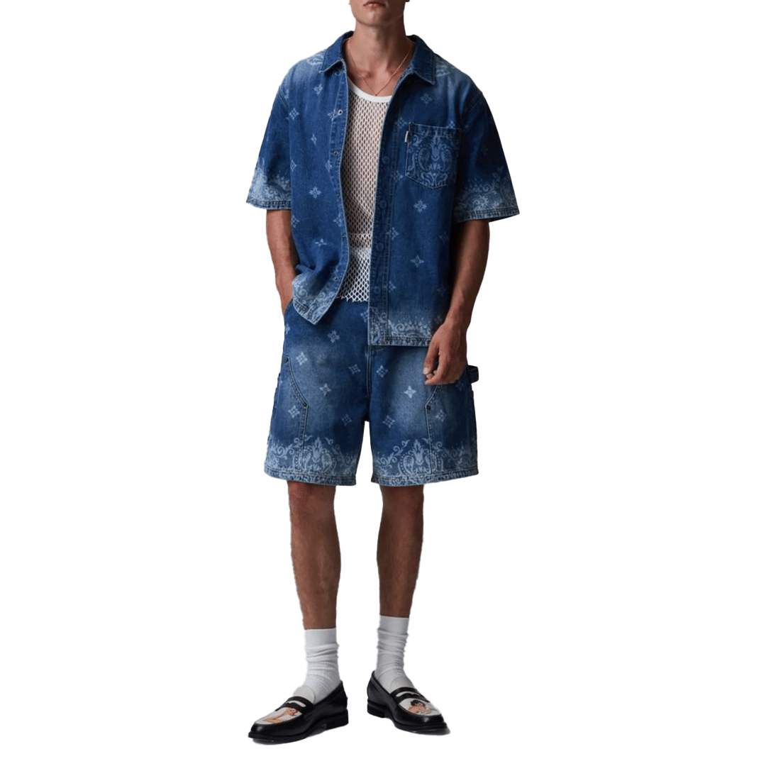 CRIMINAL DAMAGE LASER PRINT DENIM SHIRT MID BLUE