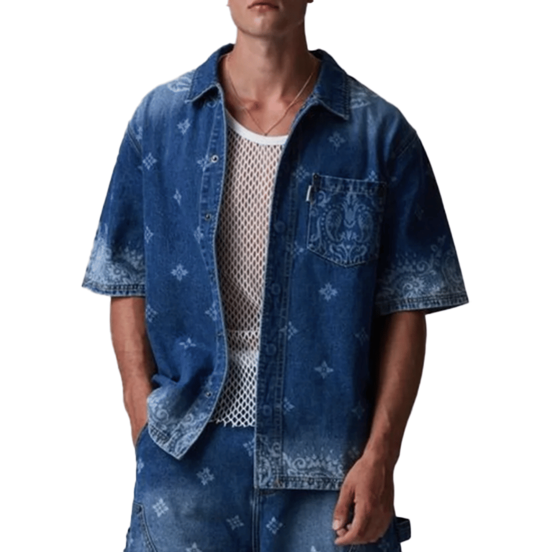 CRIMINAL DAMAGE LASER PRINT DENIM SHIRT MID BLUE