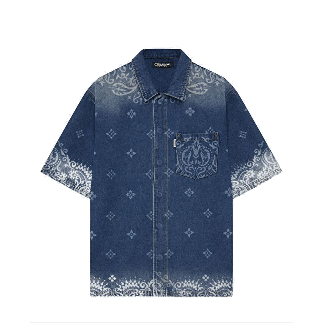 CRIMINAL DAMAGE LASER PRINT DENIM SHIRT MID BLUE