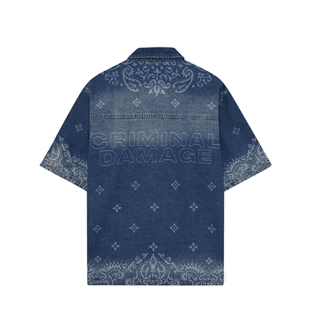 CRIMINAL DAMAGE LASER PRINT DENIM SHIRT MID BLUE
