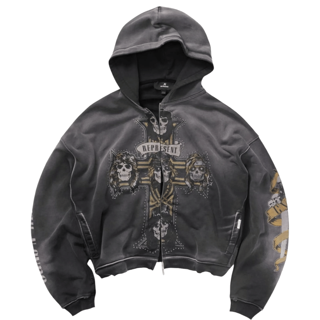 Represent GUNS N' ROSES CROSS ZIP THROUGH HOODIE STAINED BLACK