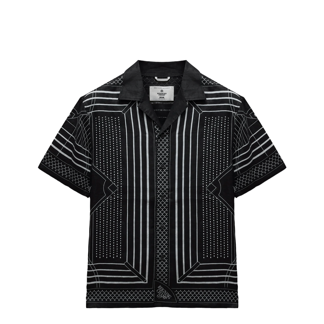 REIGNING CHAMP LINEN ARENA RELAXED CAMP SHIRT BLACK/WHITE
