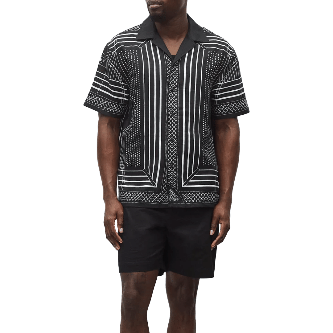REIGNING CHAMP LINEN ARENA RELAXED CAMP SHIRT BLACK/WHITE