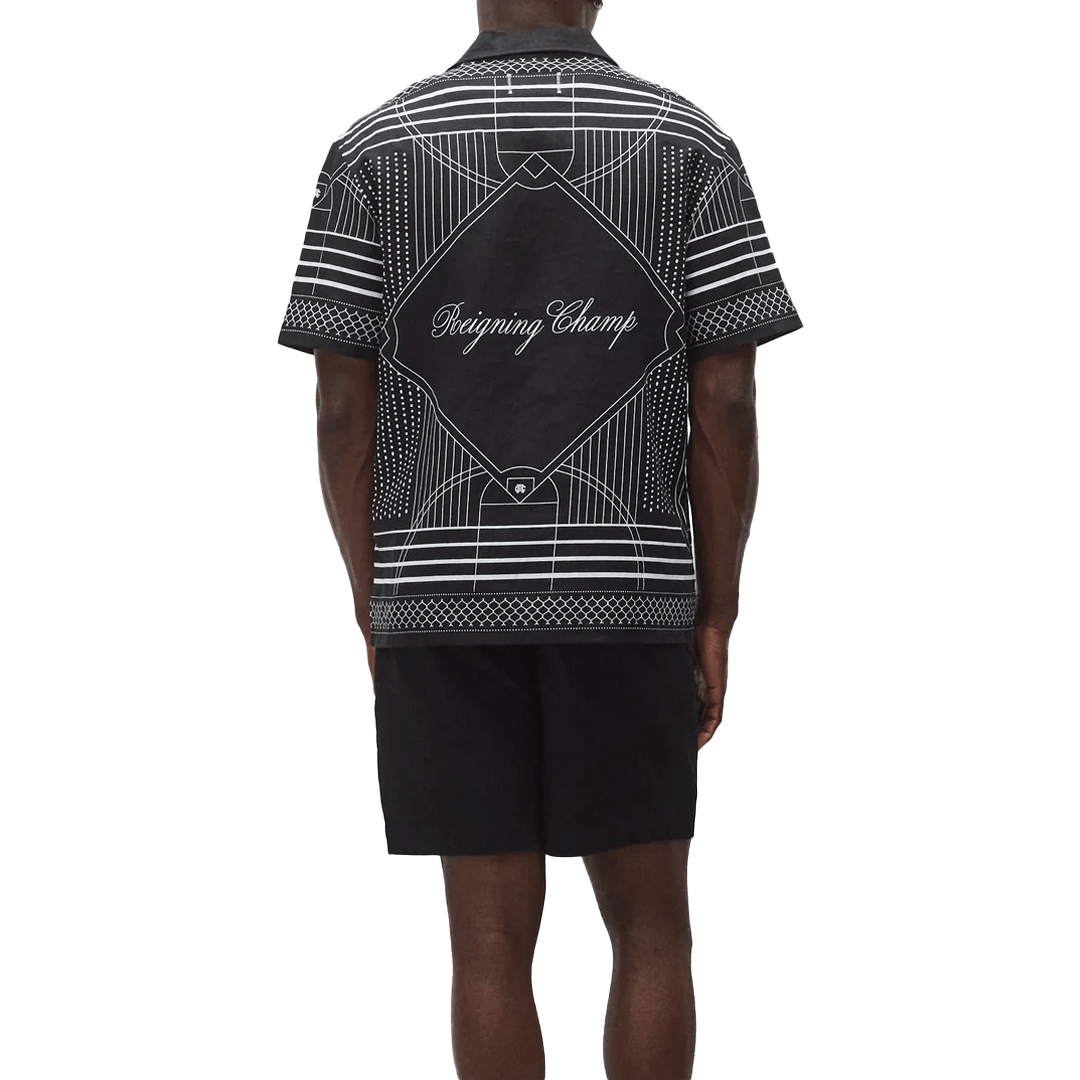 REIGNING CHAMP LINEN ARENA RELAXED CAMP SHIRT BLACK/WHITE
