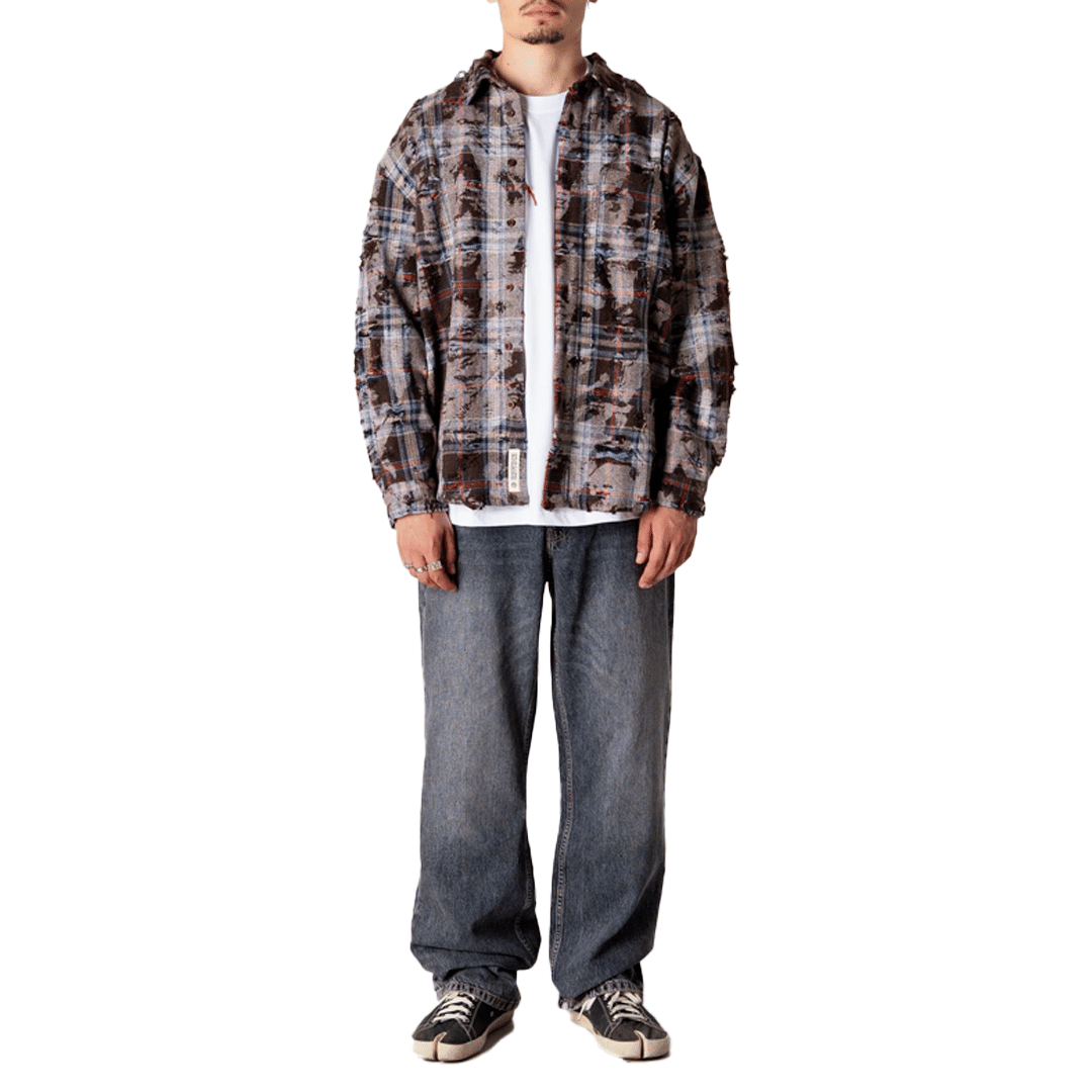 WOODBIRD JONG RIPPED SHIRT BROWN CHECK