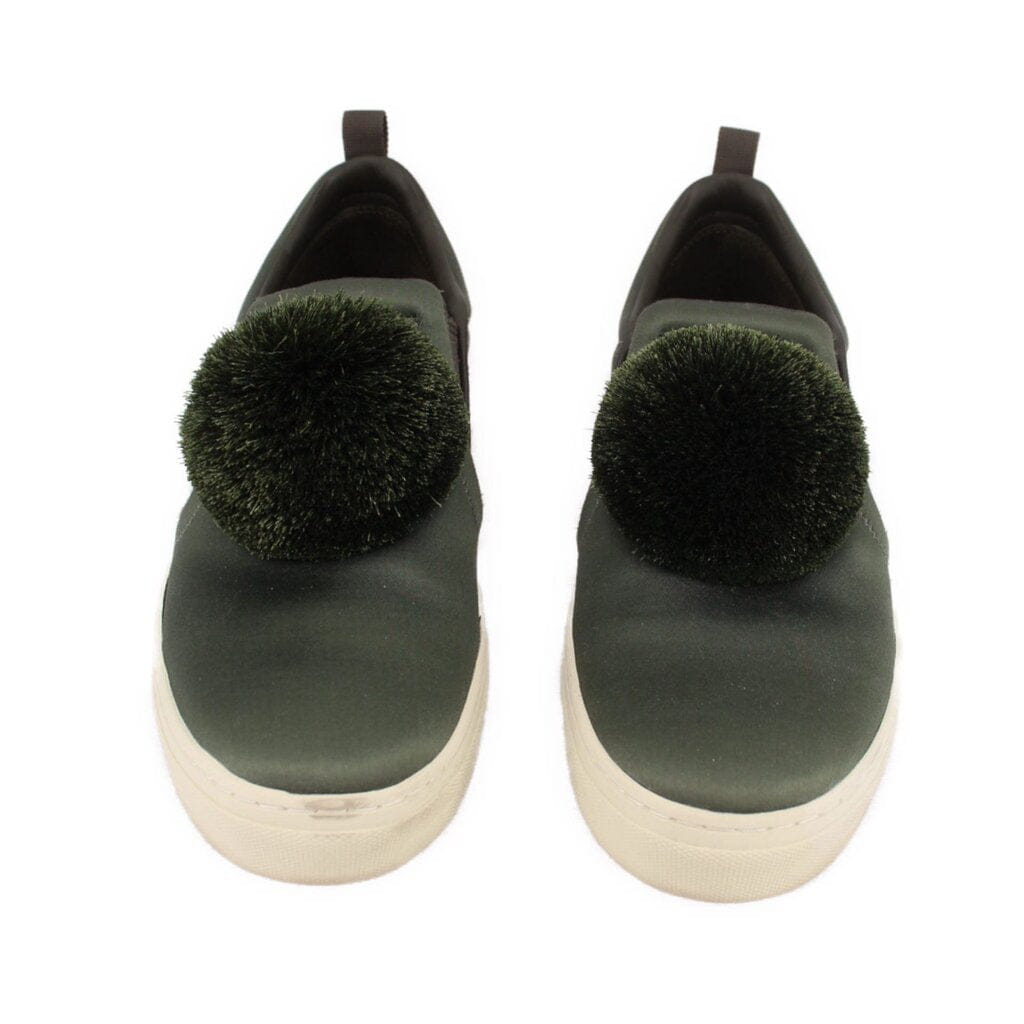 TORY BURCH DAPHNE POM POM SATIN SNEAKERS GREEN 9.5 US