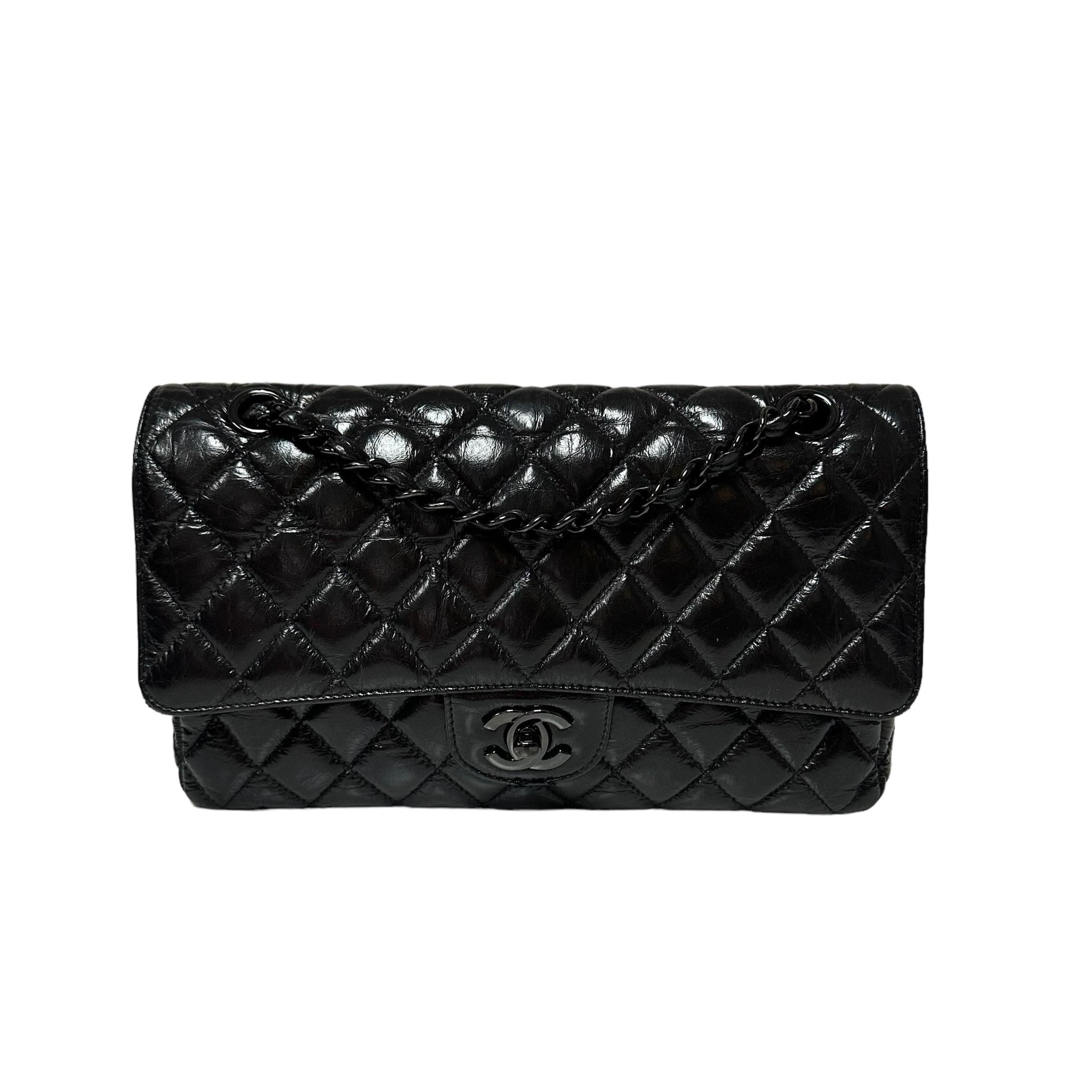 Chanel So Black Medium Double Flap Shoulder Bag in Crumpled Calfskin