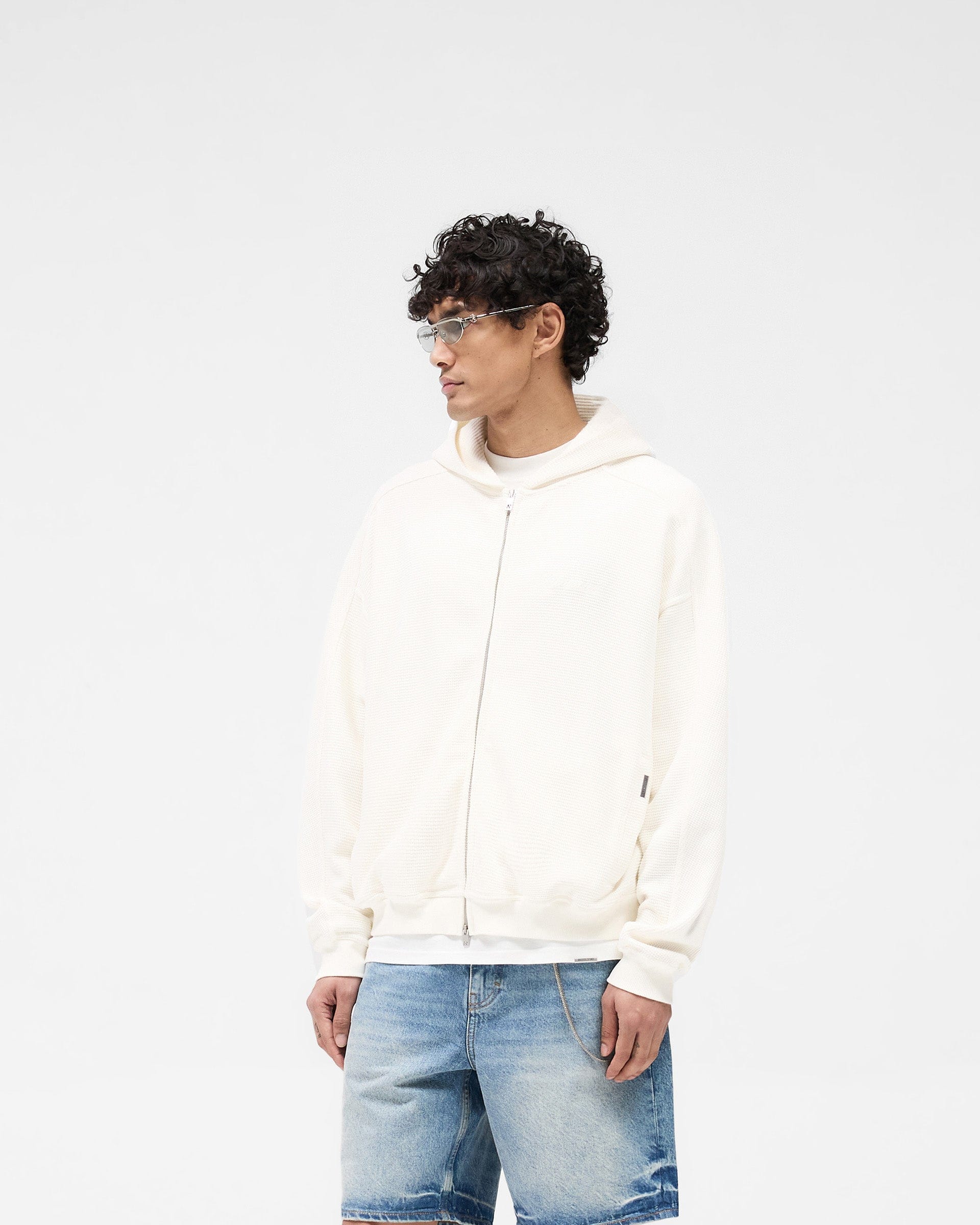 SS25 Waffle Zip Through Hoodie - Flat White