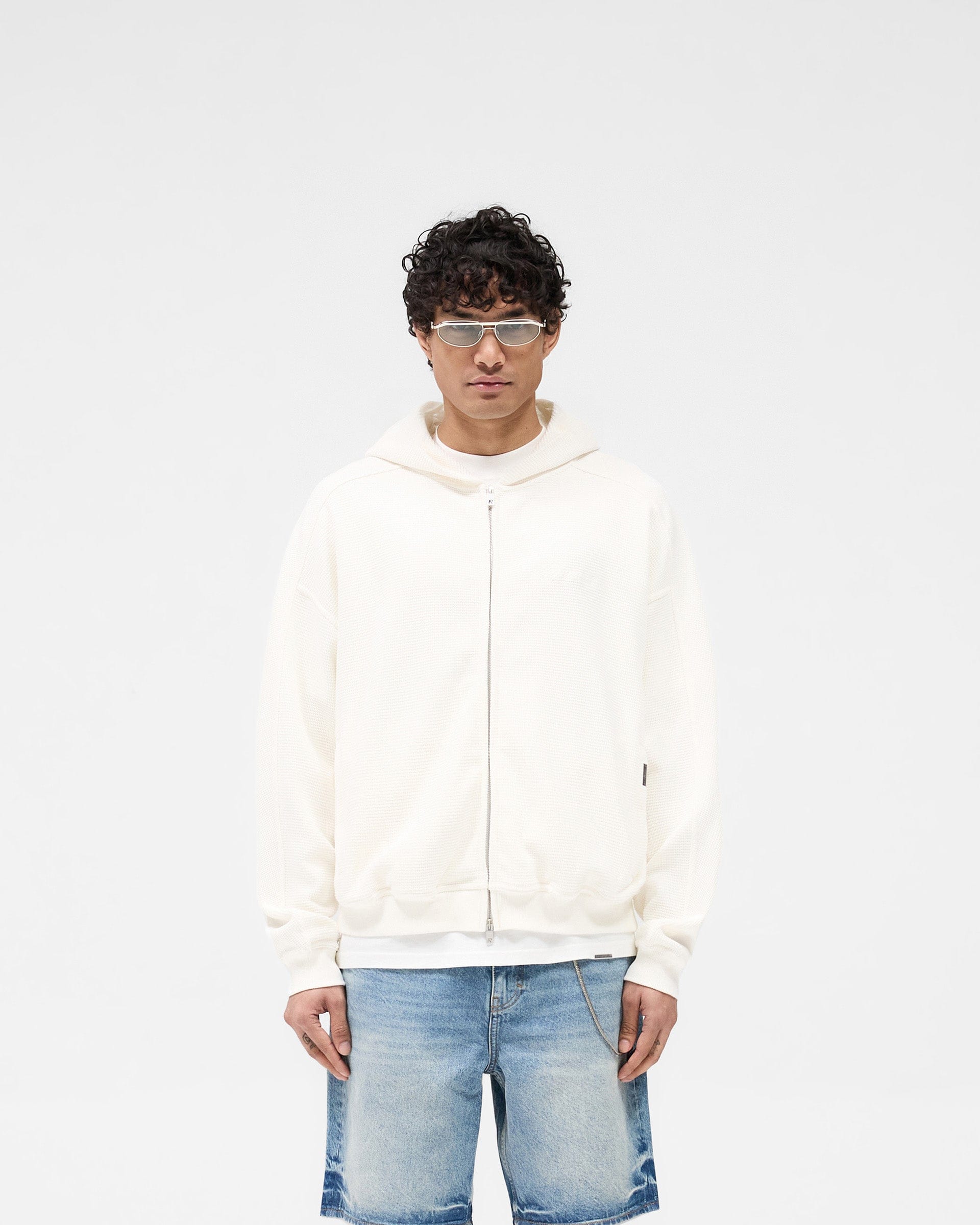 SS25 Waffle Zip Through Hoodie - Flat White