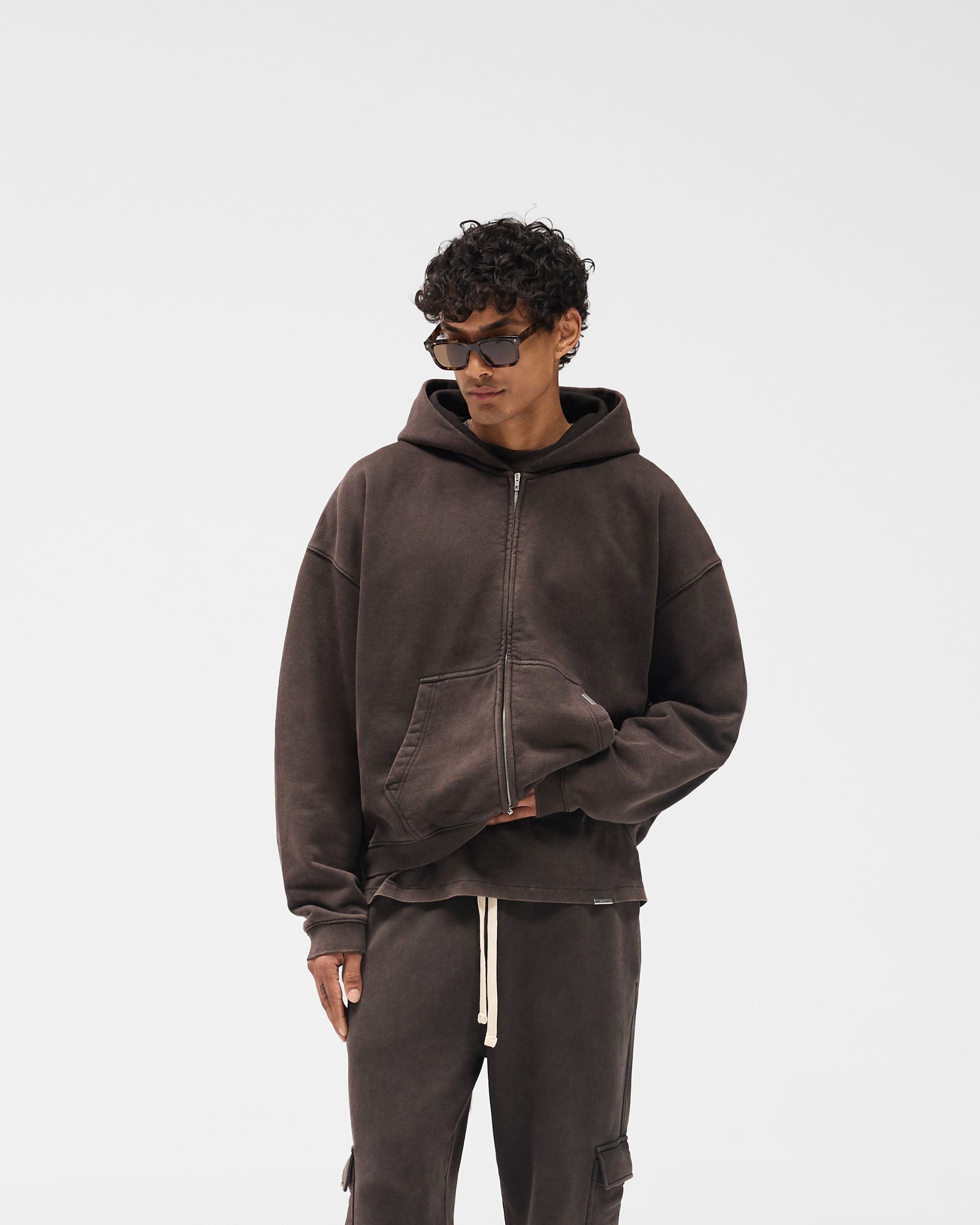 Initial Boxy Zip Through Hoodie - Coffee