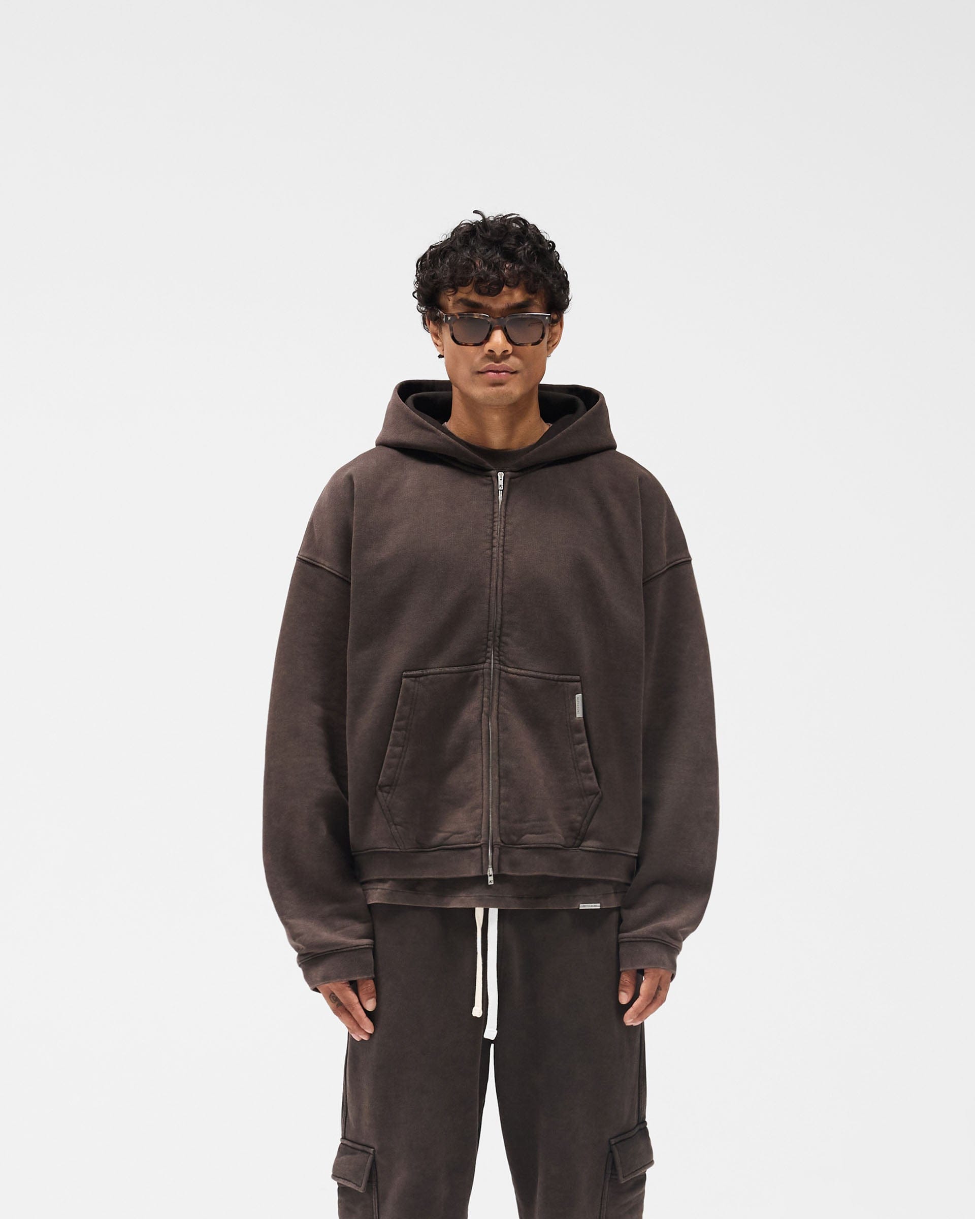 Initial Boxy Zip Through Hoodie - Coffee
