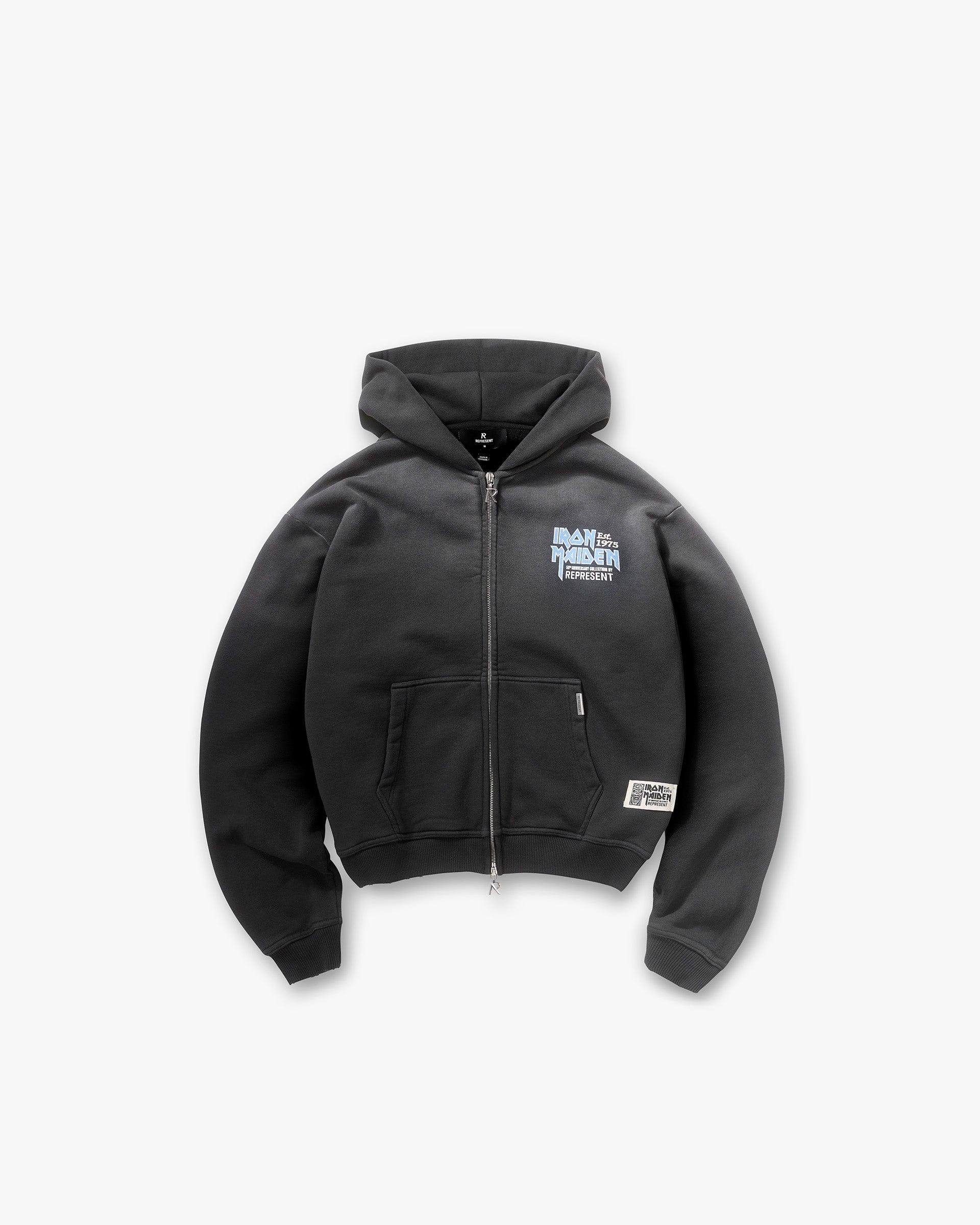 Exclusives Represent X Iron Maiden Anniversary Zip Through Hoodie - Stained Black