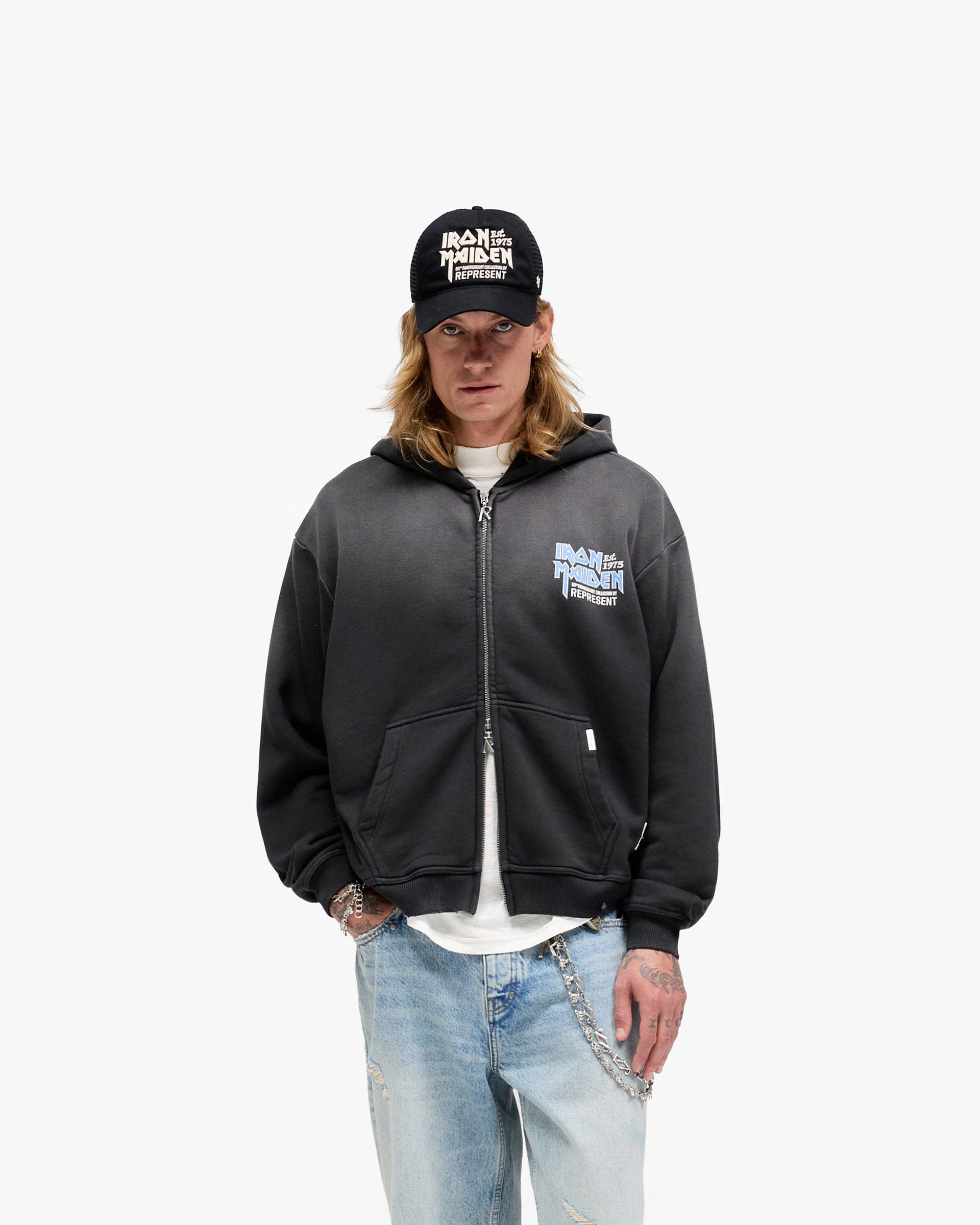 Exclusives Represent X Iron Maiden Anniversary Zip Through Hoodie - Stained Black