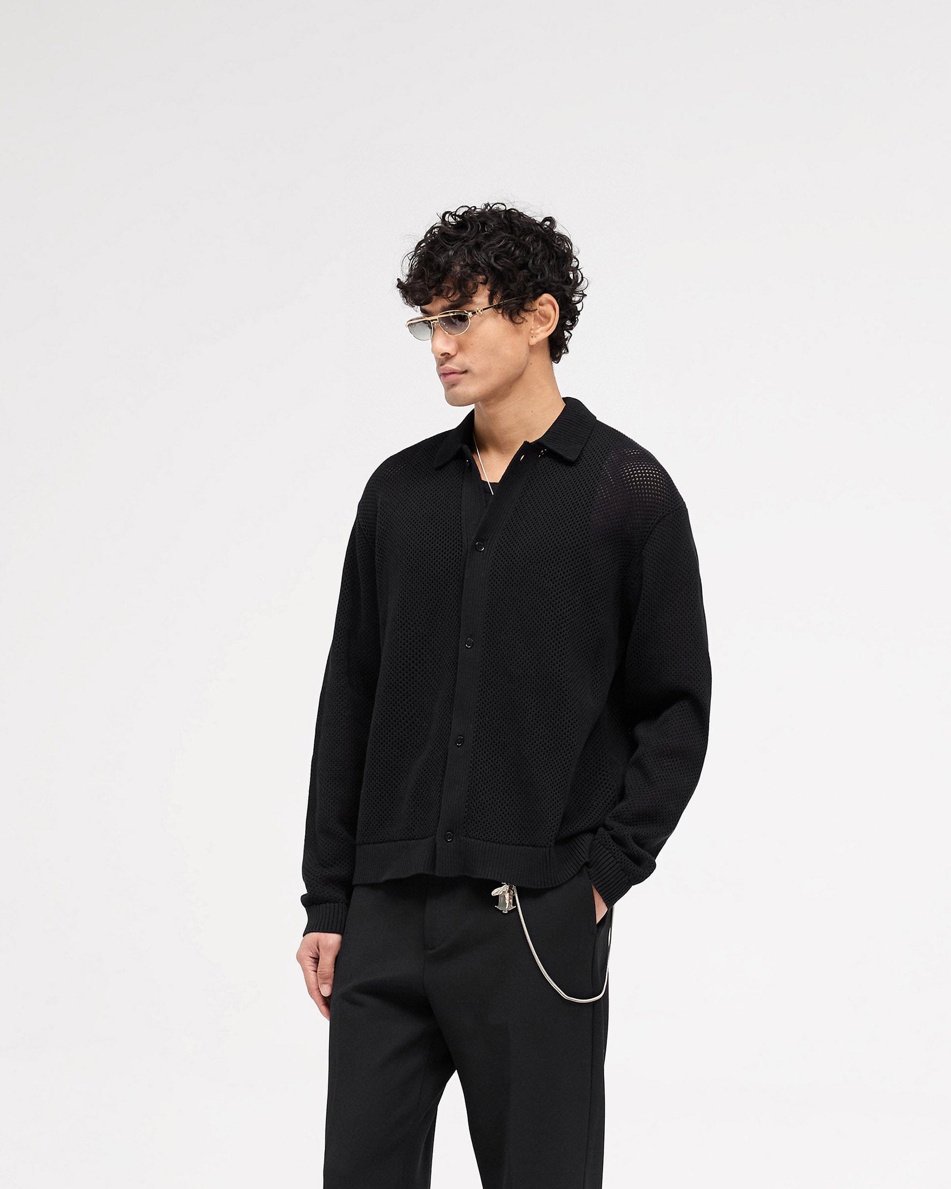 SS25 Long Sleeve Mesh Knit Shirt - Jet Black