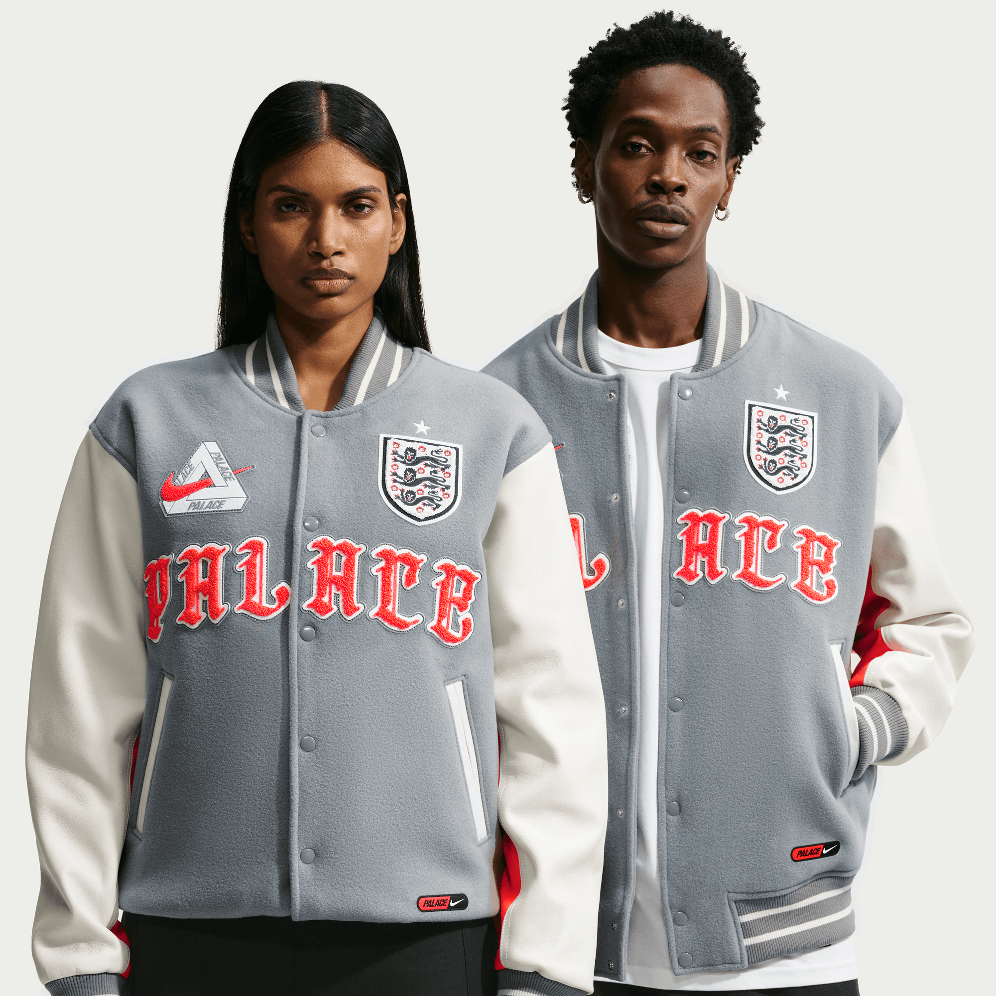 Nike ENGLAND X PALACE X NIKE "X2" VARSITY JACKET - COOL GREY / WHITE / BRIGHT CRIMSON