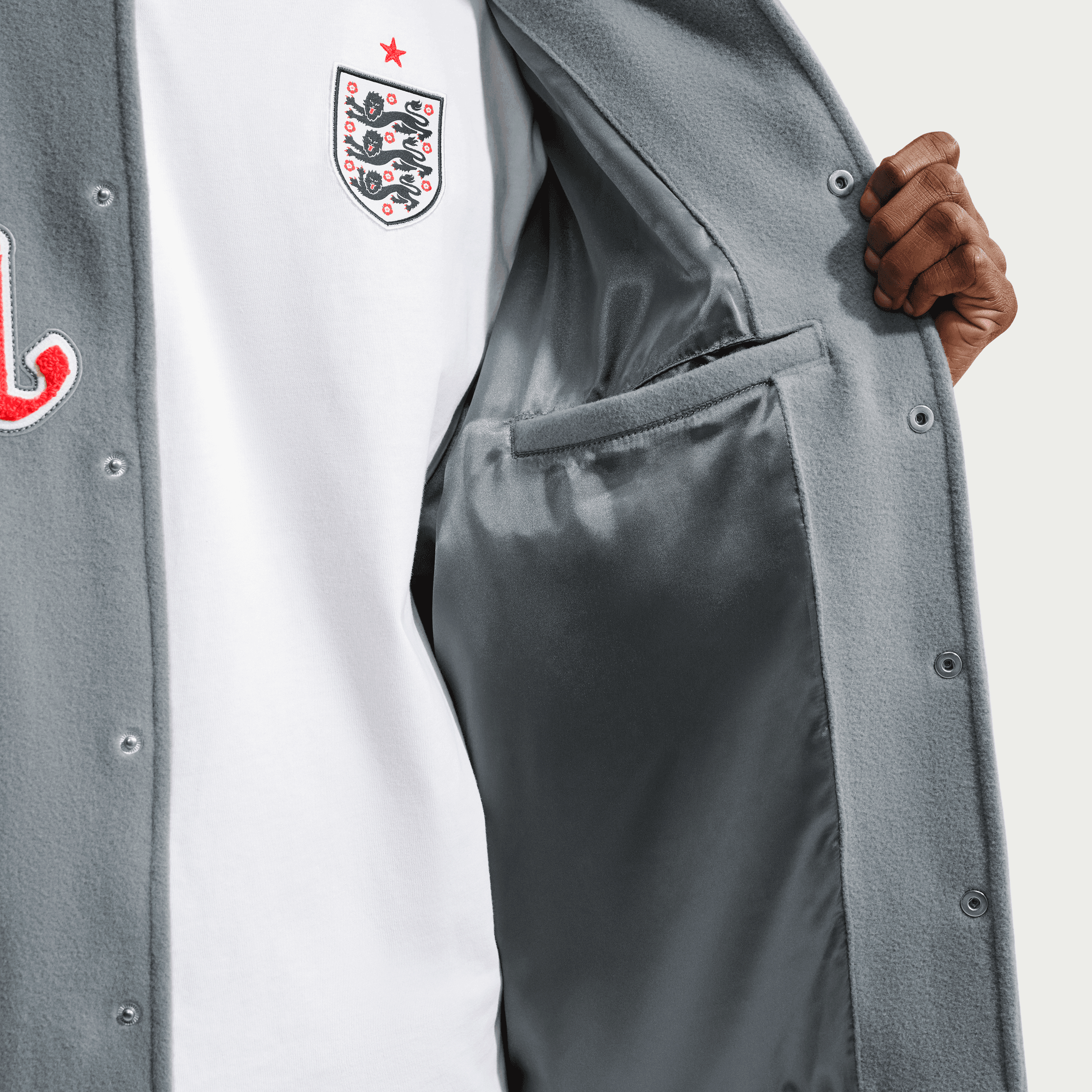 Nike ENGLAND X PALACE X NIKE "X2" VARSITY JACKET - COOL GREY / WHITE / BRIGHT CRIMSON