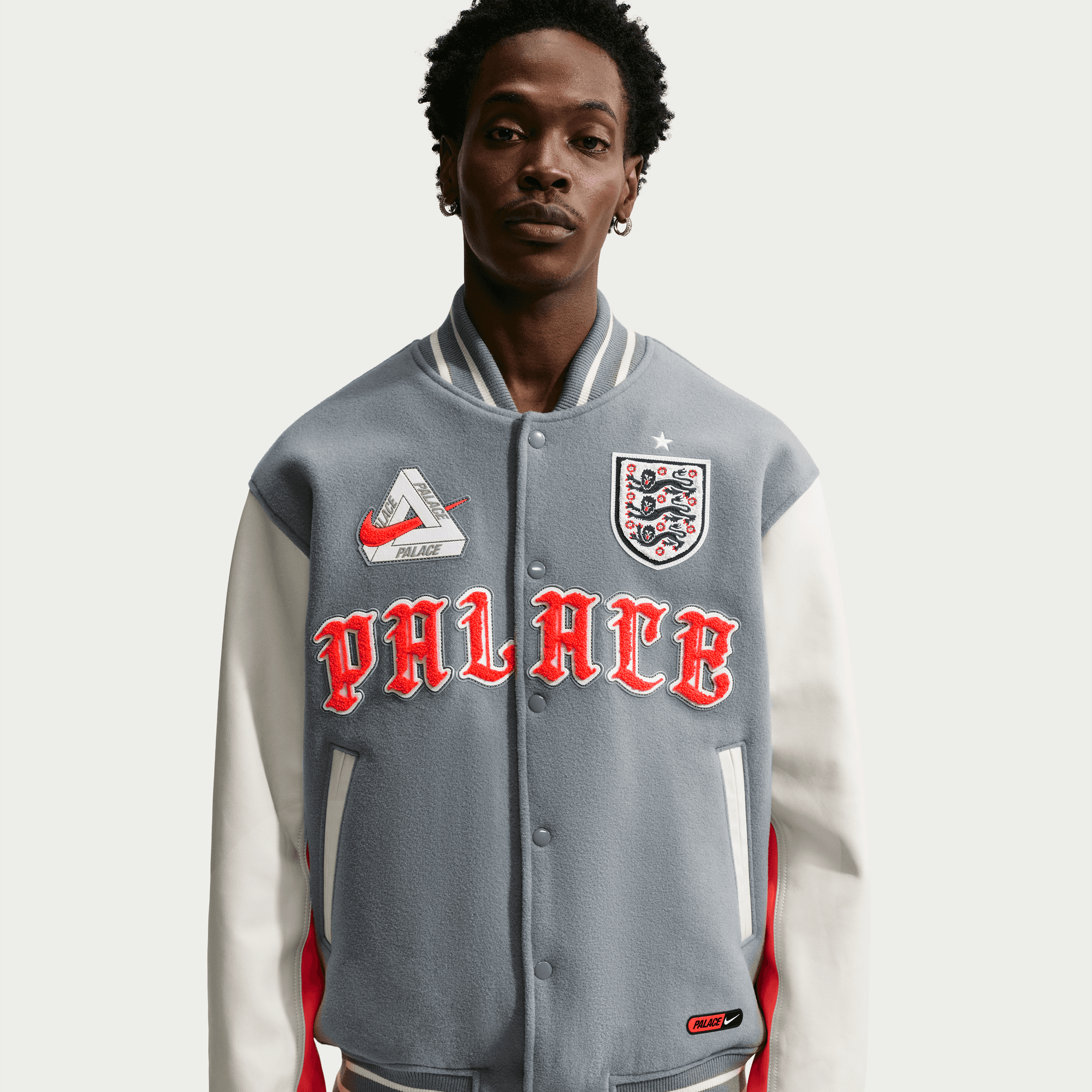Nike ENGLAND X PALACE X NIKE "X2" VARSITY JACKET - COOL GREY / WHITE / BRIGHT CRIMSON