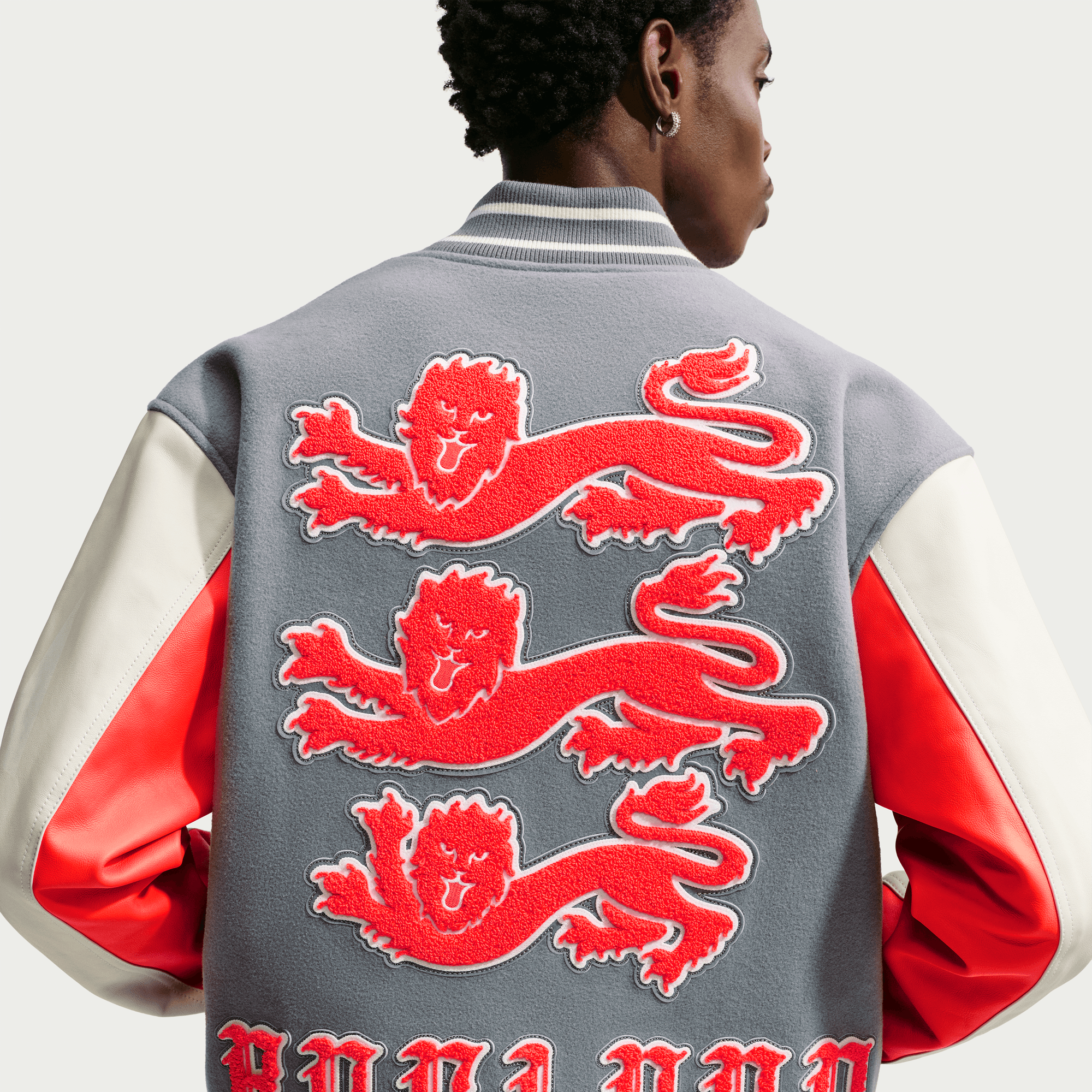Nike ENGLAND X PALACE X NIKE "X2" VARSITY JACKET - COOL GREY / WHITE / BRIGHT CRIMSON