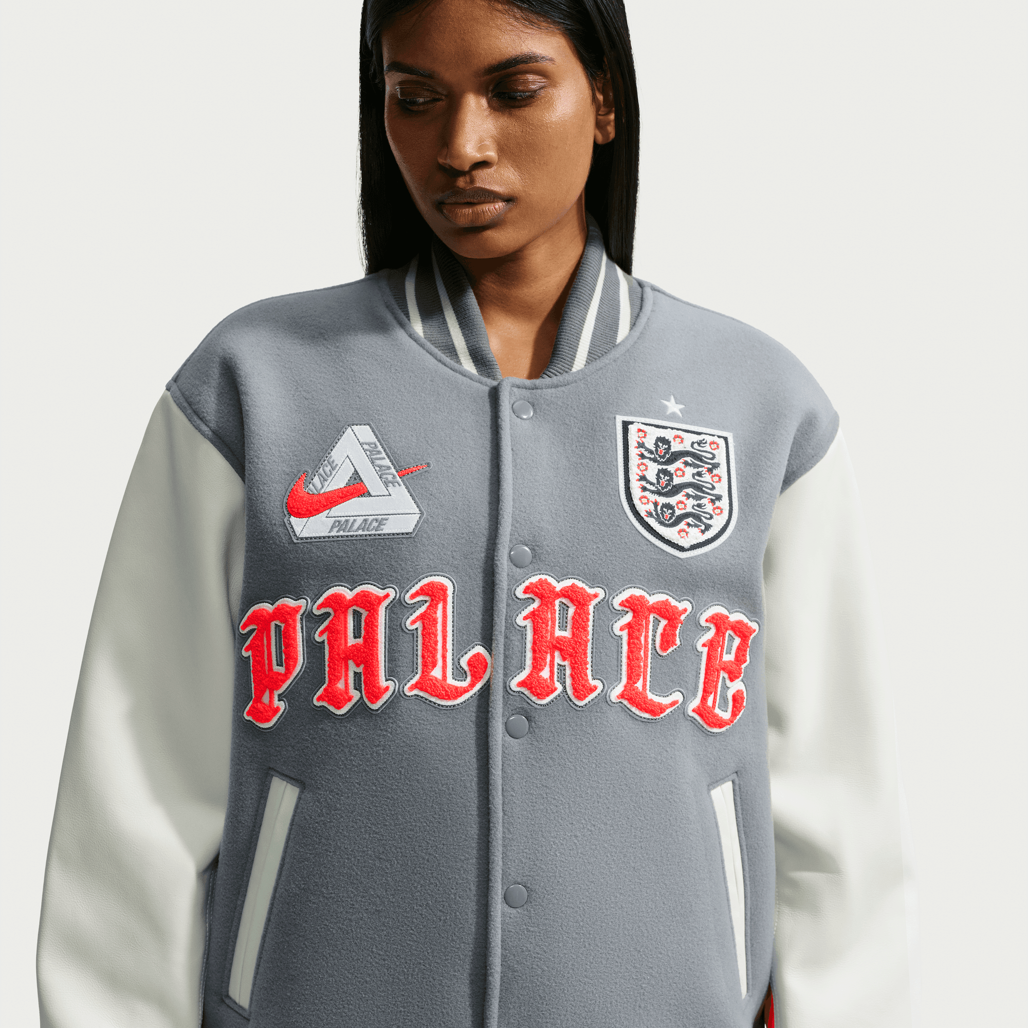 Nike ENGLAND X PALACE X NIKE "X2" VARSITY JACKET - COOL GREY / WHITE / BRIGHT CRIMSON
